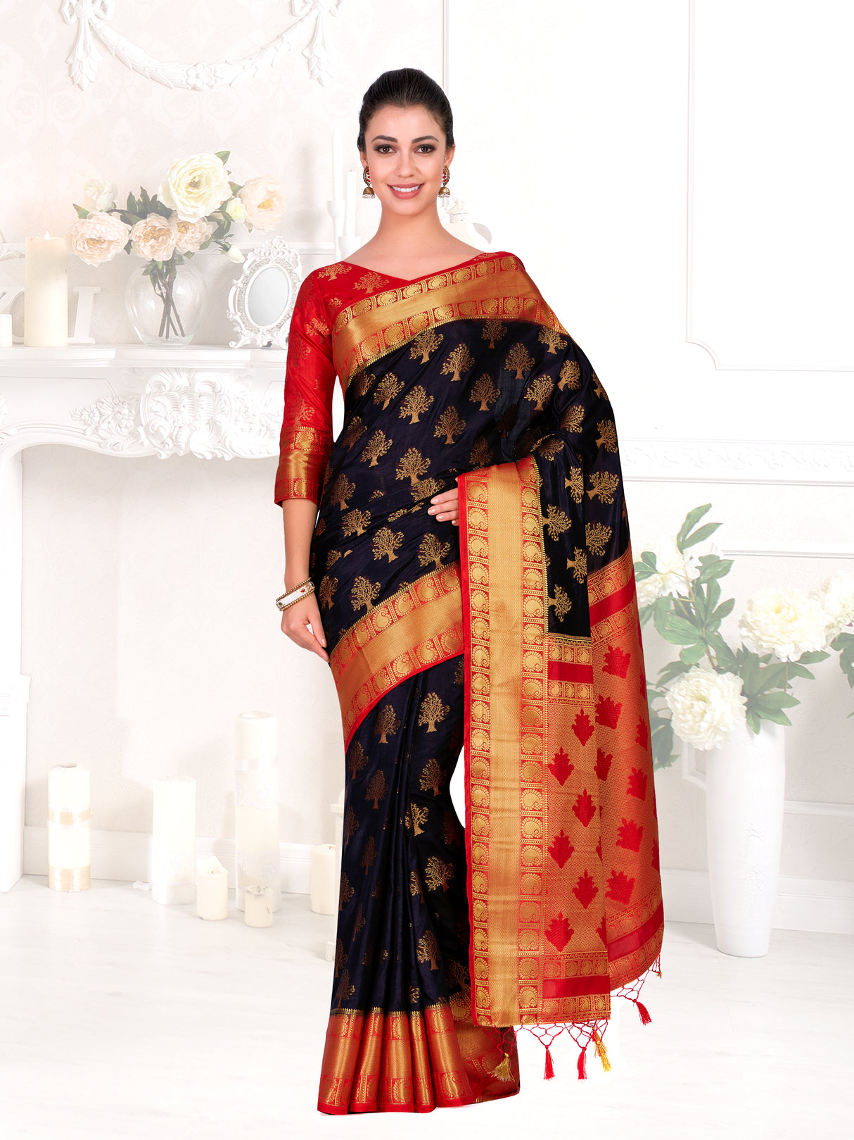 Mimosa Womens Art Silk Saree Kanjivaram Black Color