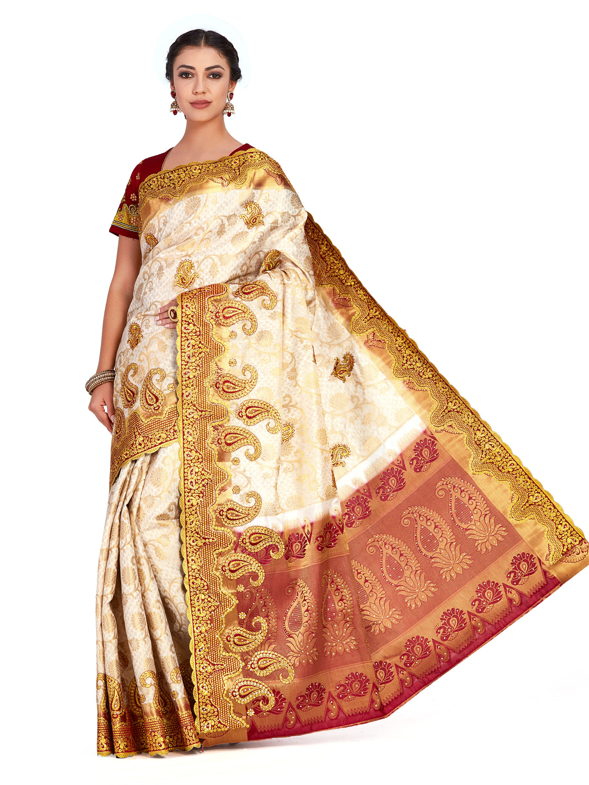 Mimosa Womens Art Silk Saree Kanjivaram Halfwhite Color - 4336-260-TLK-HWT-MRN-BL