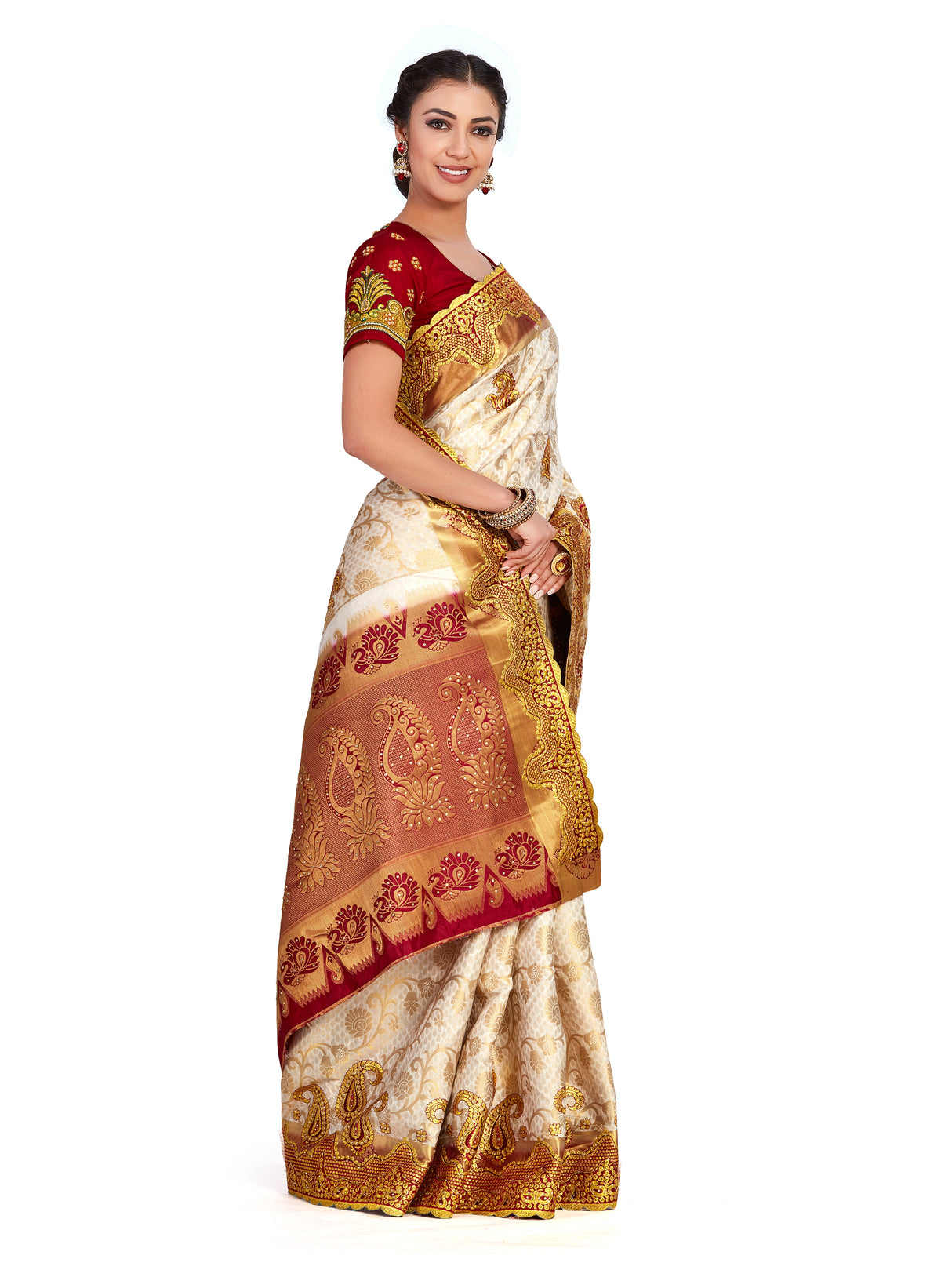 Mimosa Womens Art Silk Saree Kanjivaram Halfwhite Color - 4336-260-TLK-HWT-MRN-BL