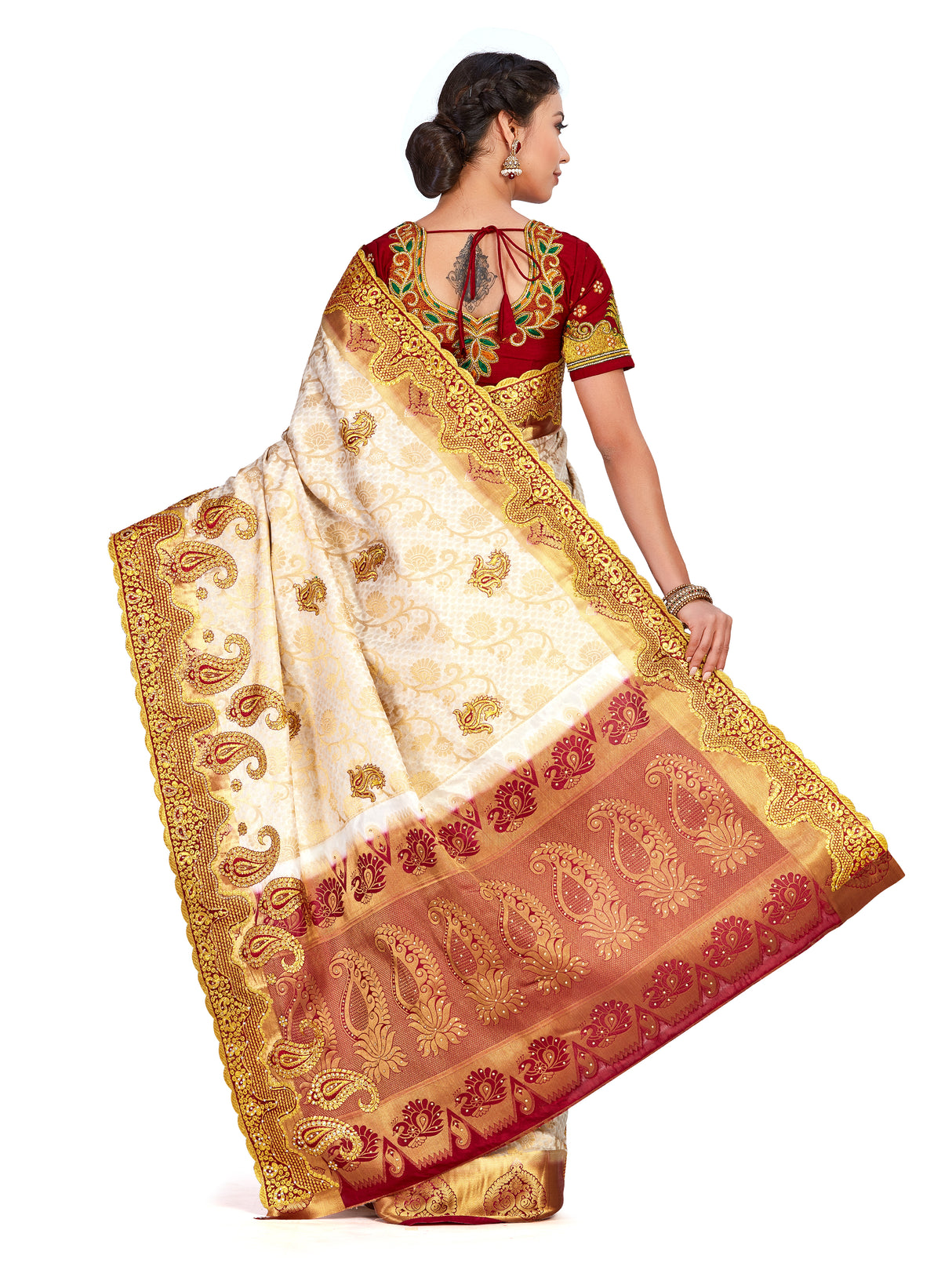Mimosa Womens Art Silk Saree Kanjivaram Halfwhite Color - 4336-260-TLK-HWT-MRN-BL