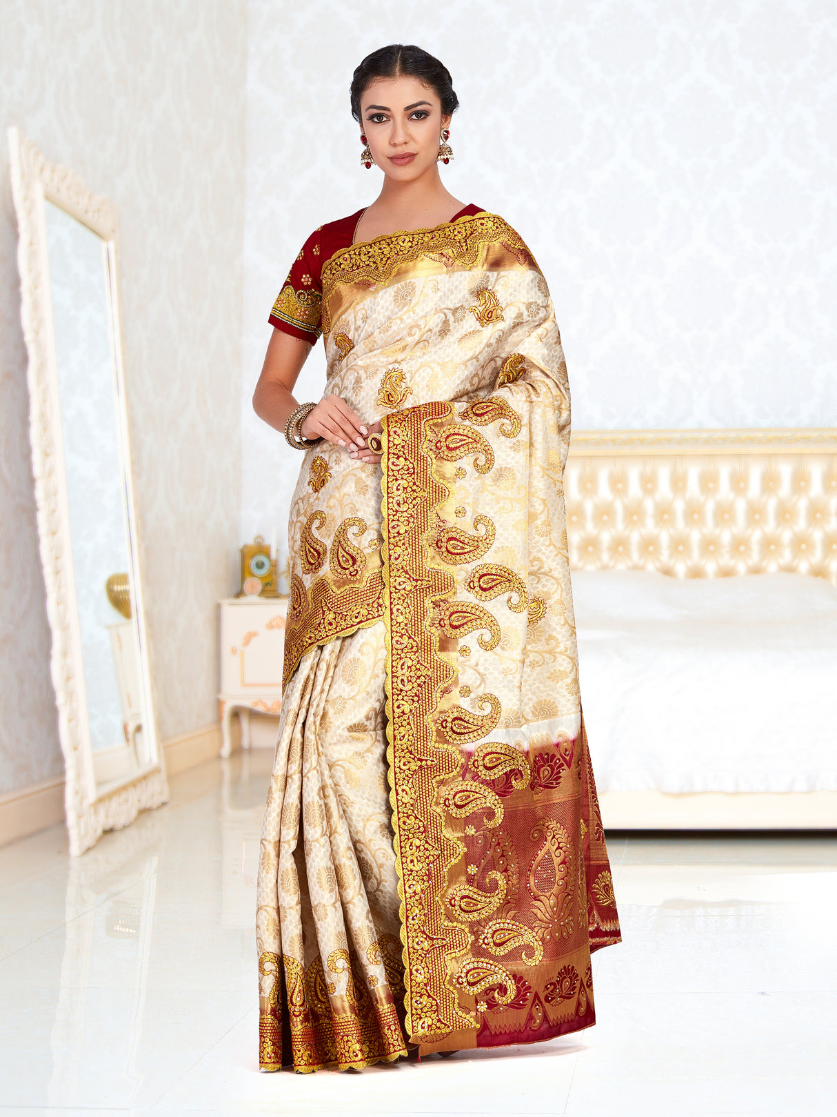 Mimosa Womens Art Silk Saree Kanjivaram Halfwhite Color - 4336-260-TLK-HWT-MRN-BL