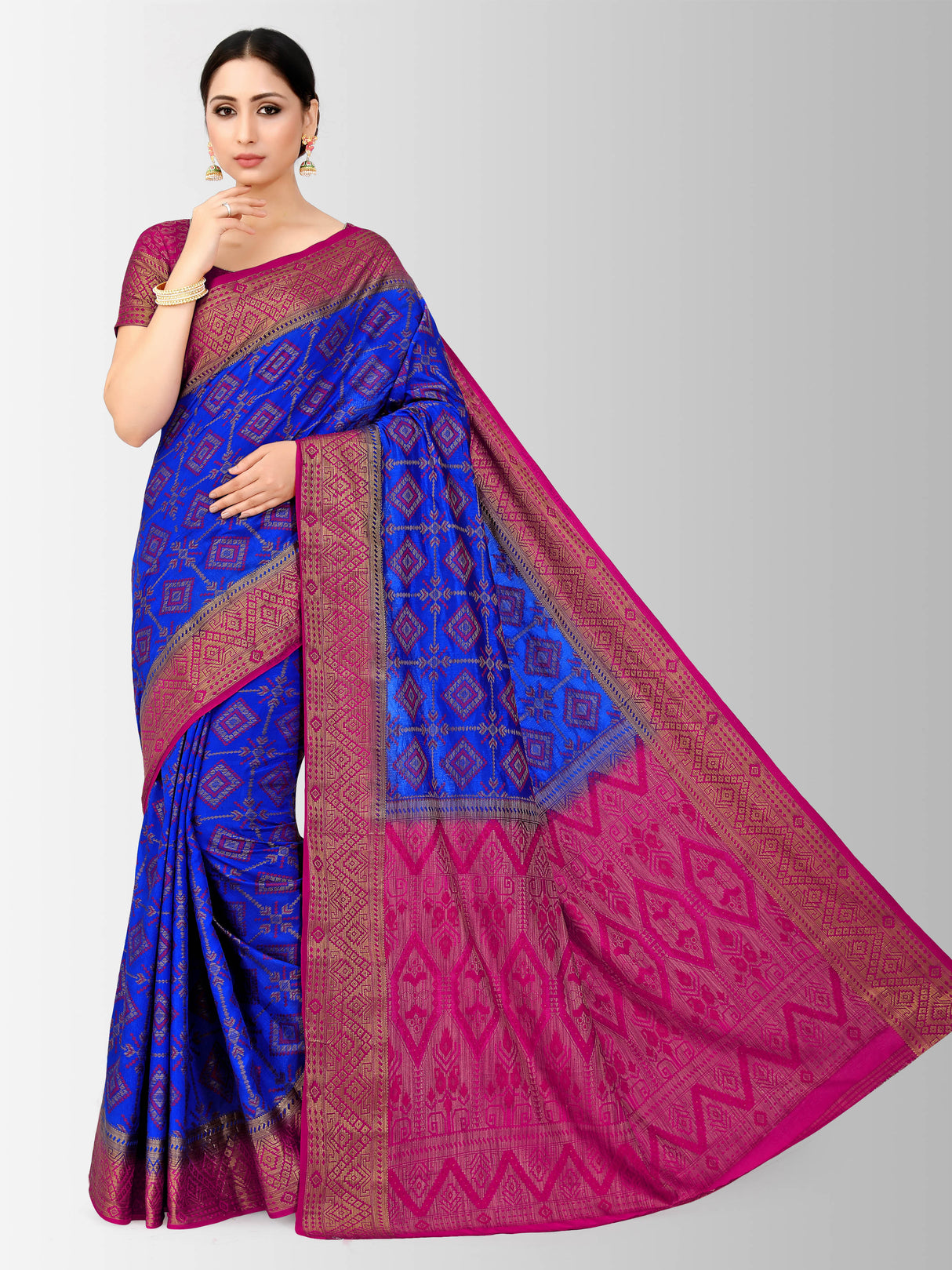Mimosa Womens Art Silk Saree Patola style Royal Blue Color
