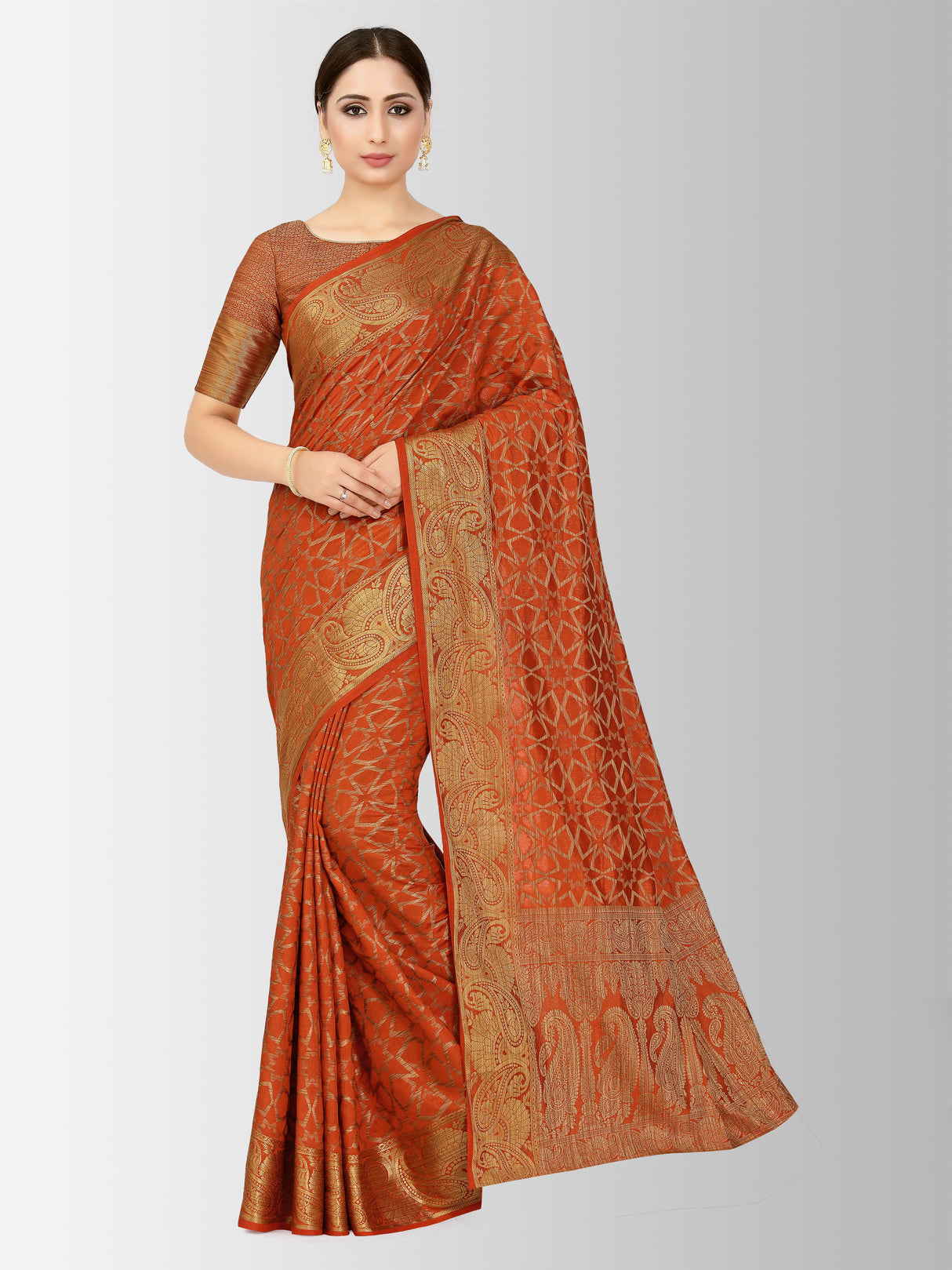 Mimosa Womens Art Silk Saree Patola Rust Color