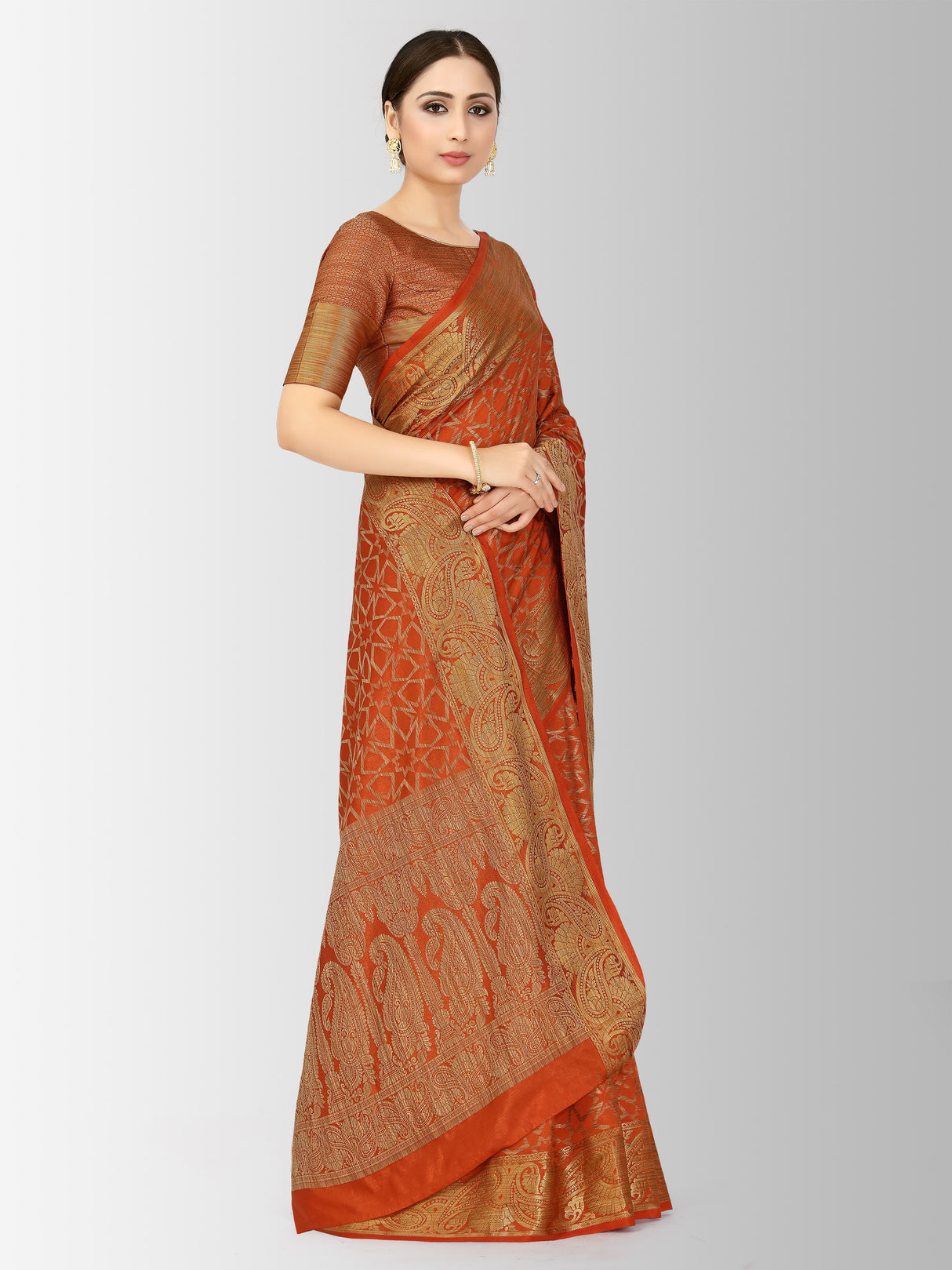 Mimosa Womens Art Silk Saree Patola Rust Color