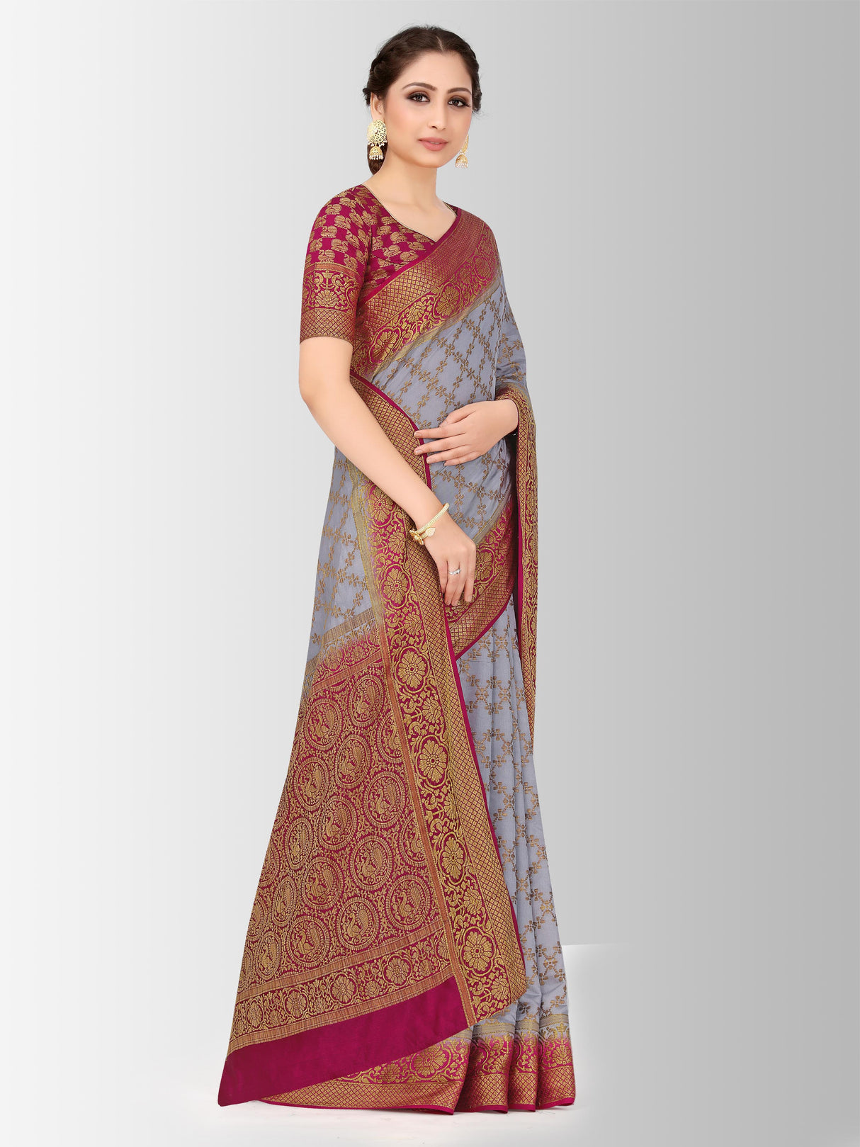 Mimosa Womens Art Silk Saree Patola Grey Color