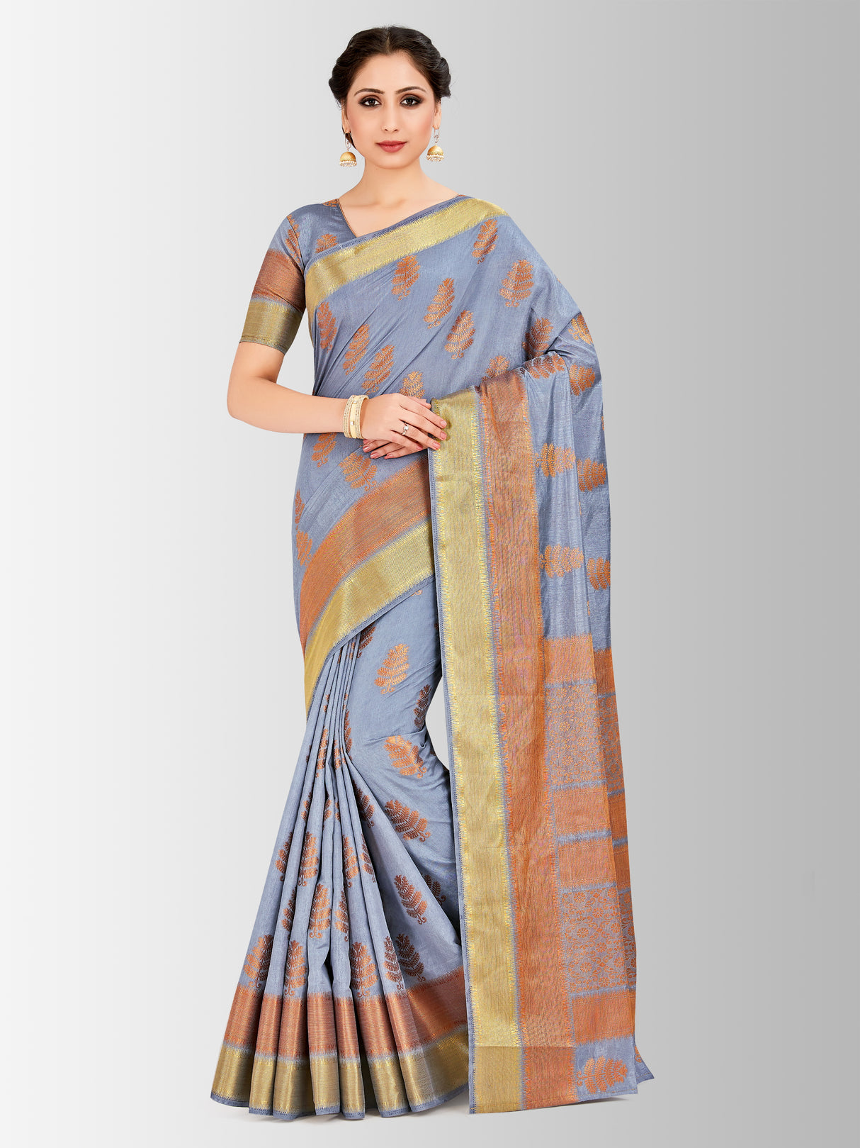 Mimosa Womens Tussar Silk Saree Banarasi style Grey Color