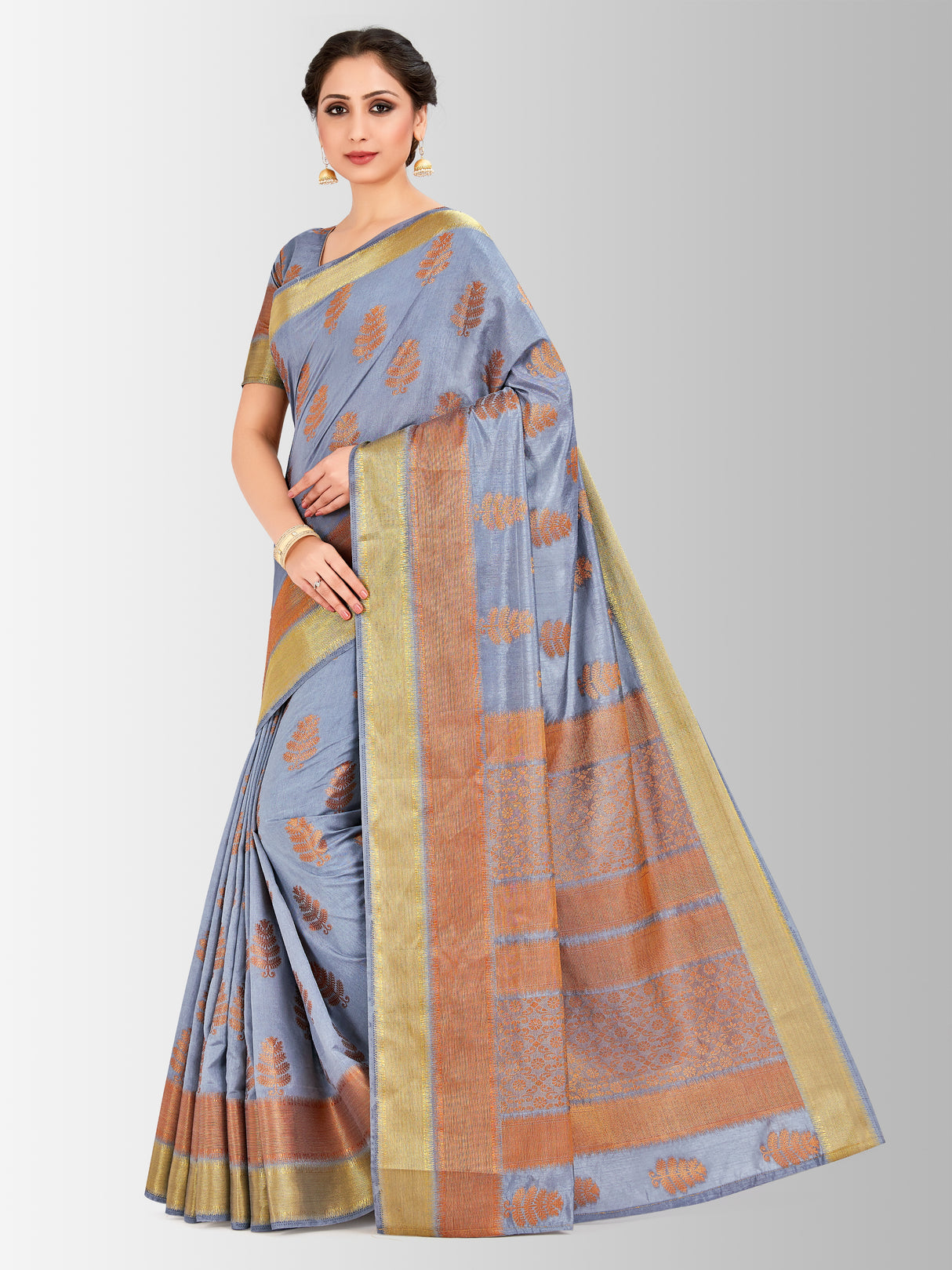 Mimosa Womens Tussar Silk Saree Banarasi style Grey Color