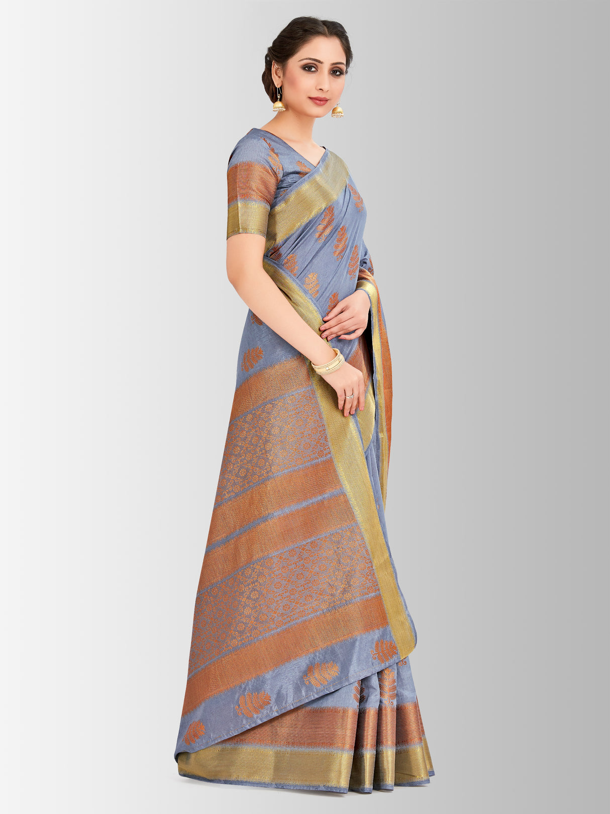 Mimosa Womens Tussar Silk Saree Banarasi style Grey Color