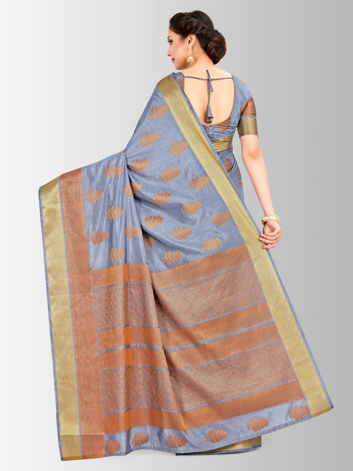 Mimosa Womens Tussar Silk Saree Banarasi style Grey Color