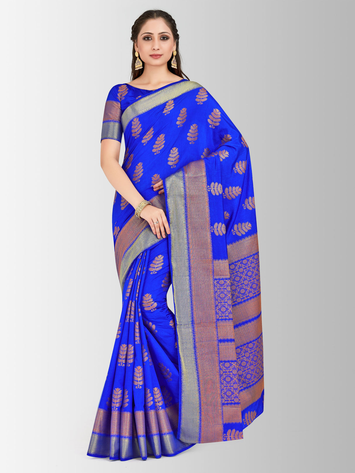 Mimosa Womens Tussar Silk Saree Banarasi style Royal Blue Color