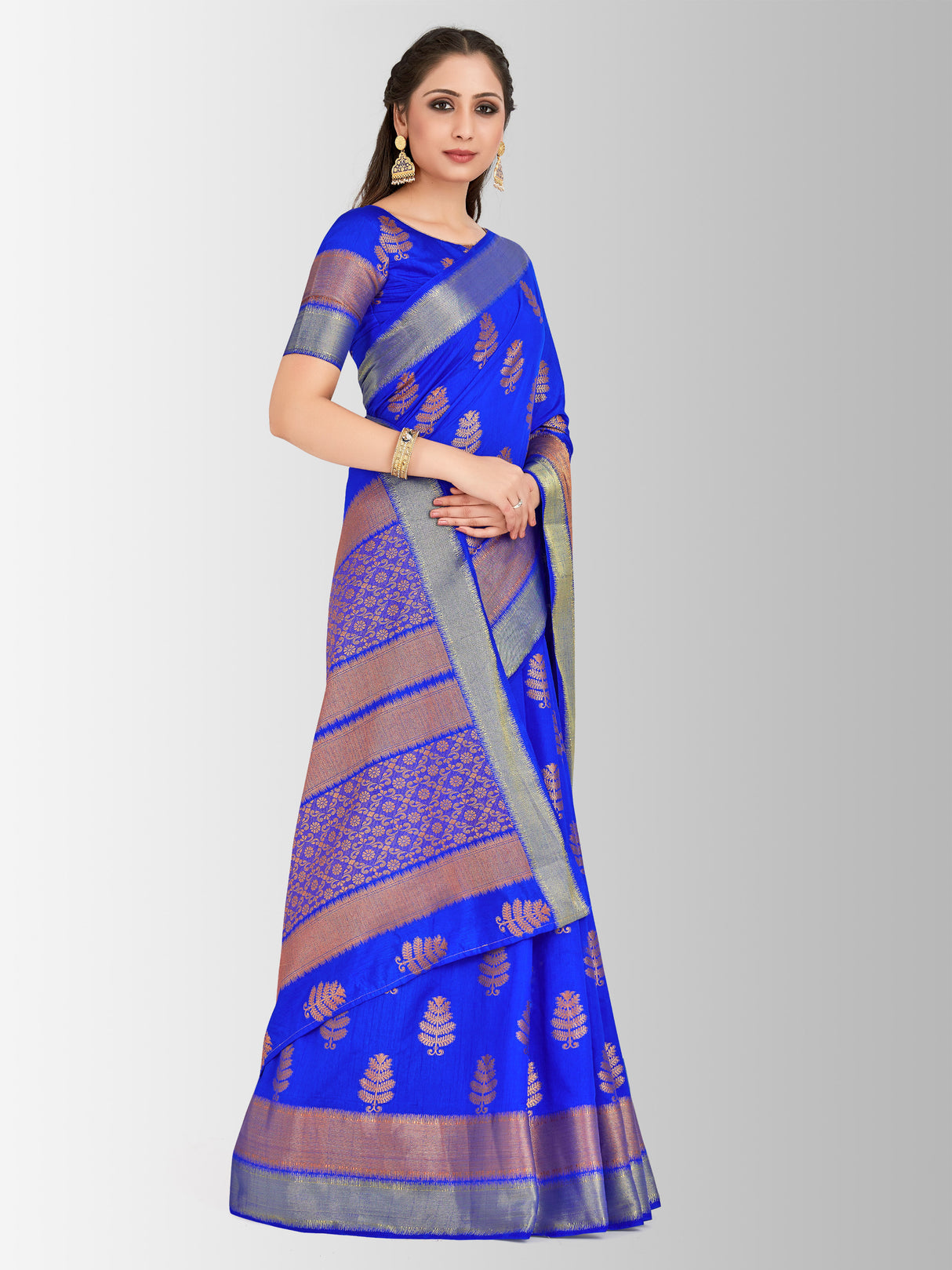Mimosa Womens Tussar Silk Saree Banarasi style Royal Blue Color