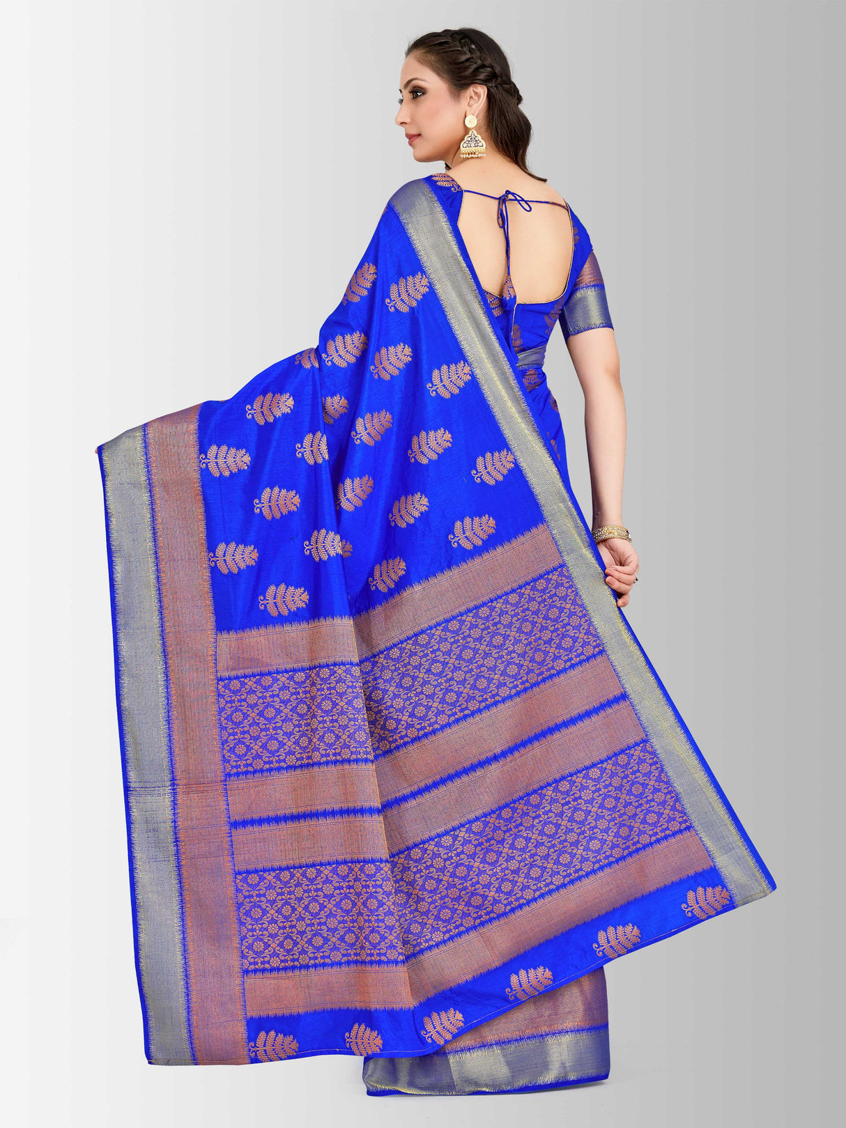 Mimosa Womens Tussar Silk Saree Banarasi style Royal Blue Color