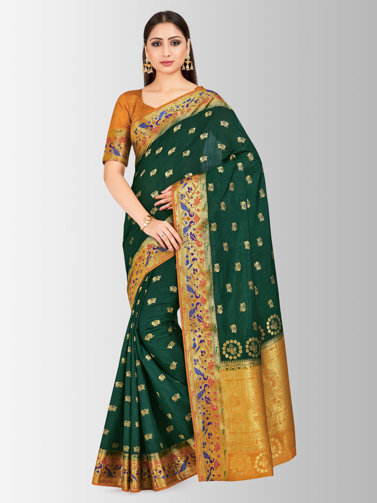 Mimosa Womens Art Silk Saree Paithani BGreen Color