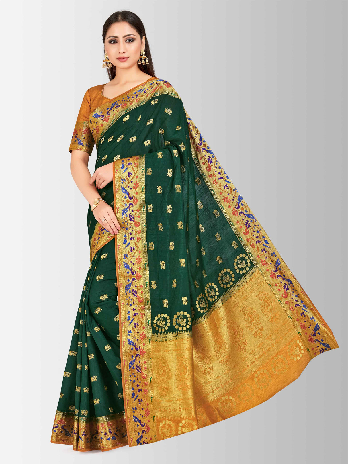 Mimosa Womens Art Silk Saree Paithani BGreen Color