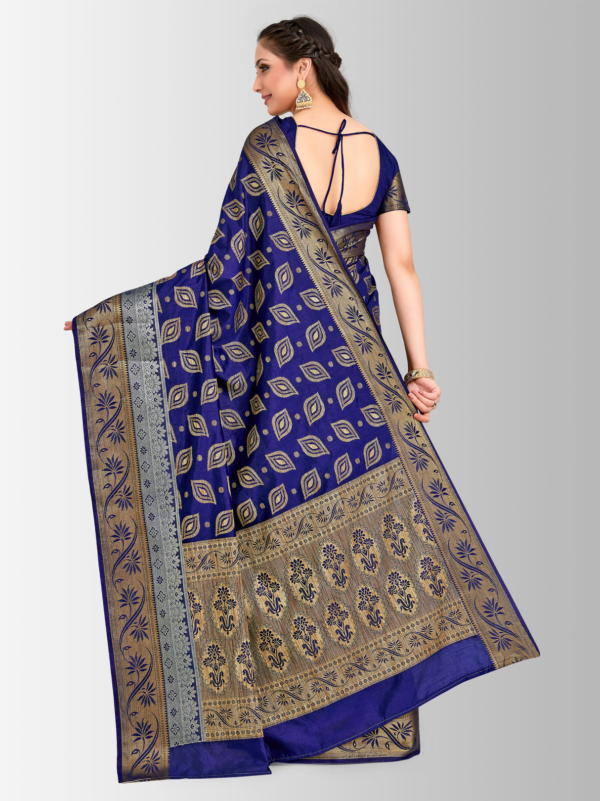 Mimosa Womens Raw Silk Saree Kanjivaram Navy Blue Color