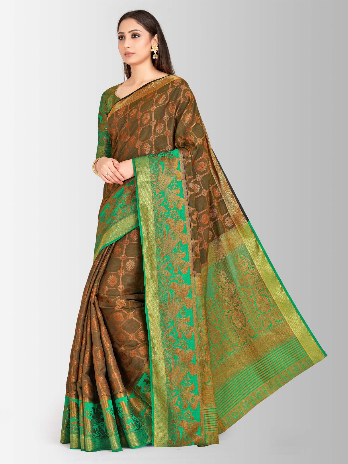 Mimosa Womens Art Silk Saree Kanjivaram Chocolate Color