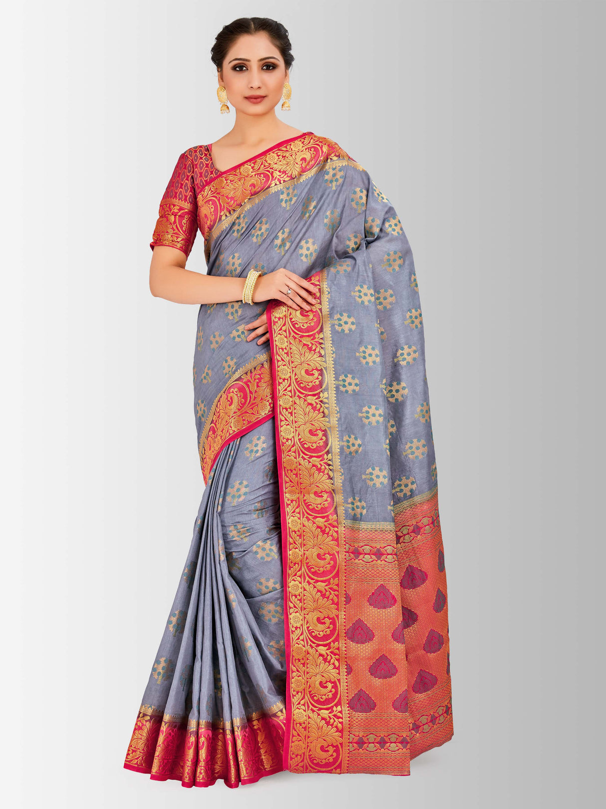 Mimosa Womens Art Silk Saree Paithani Grey Color
