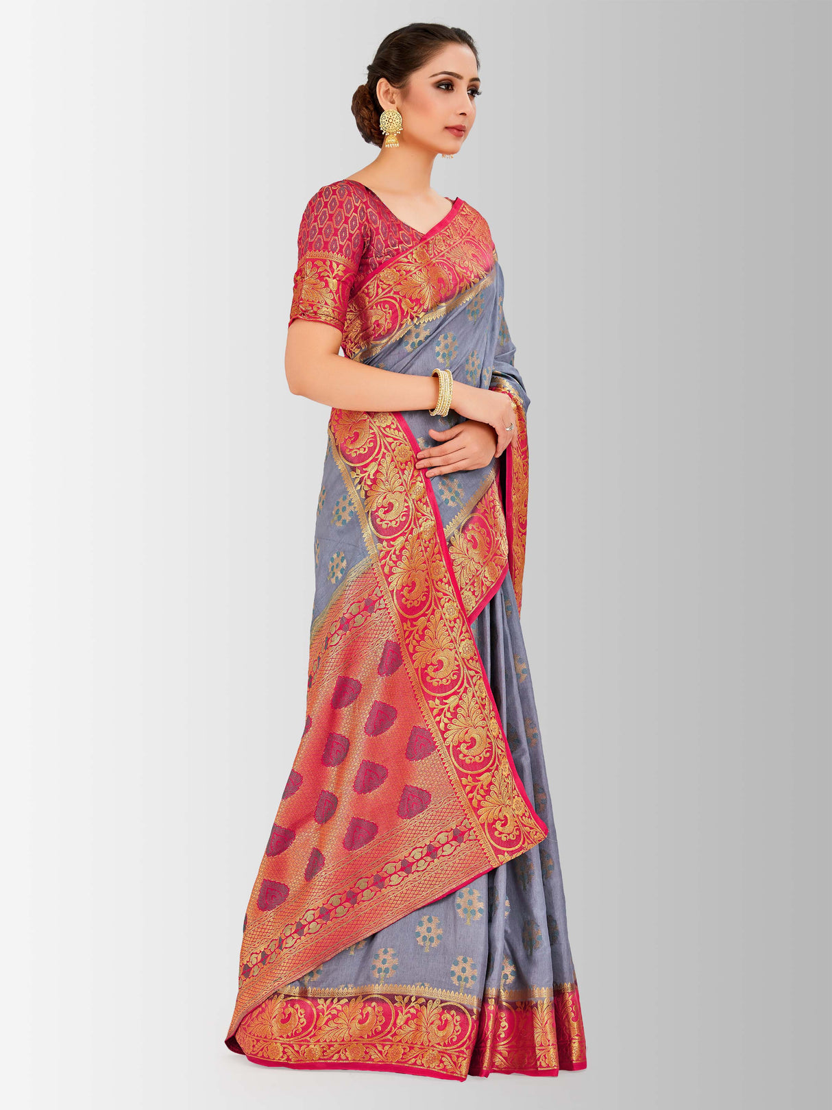Mimosa Womens Art Silk Saree Paithani Grey Color
