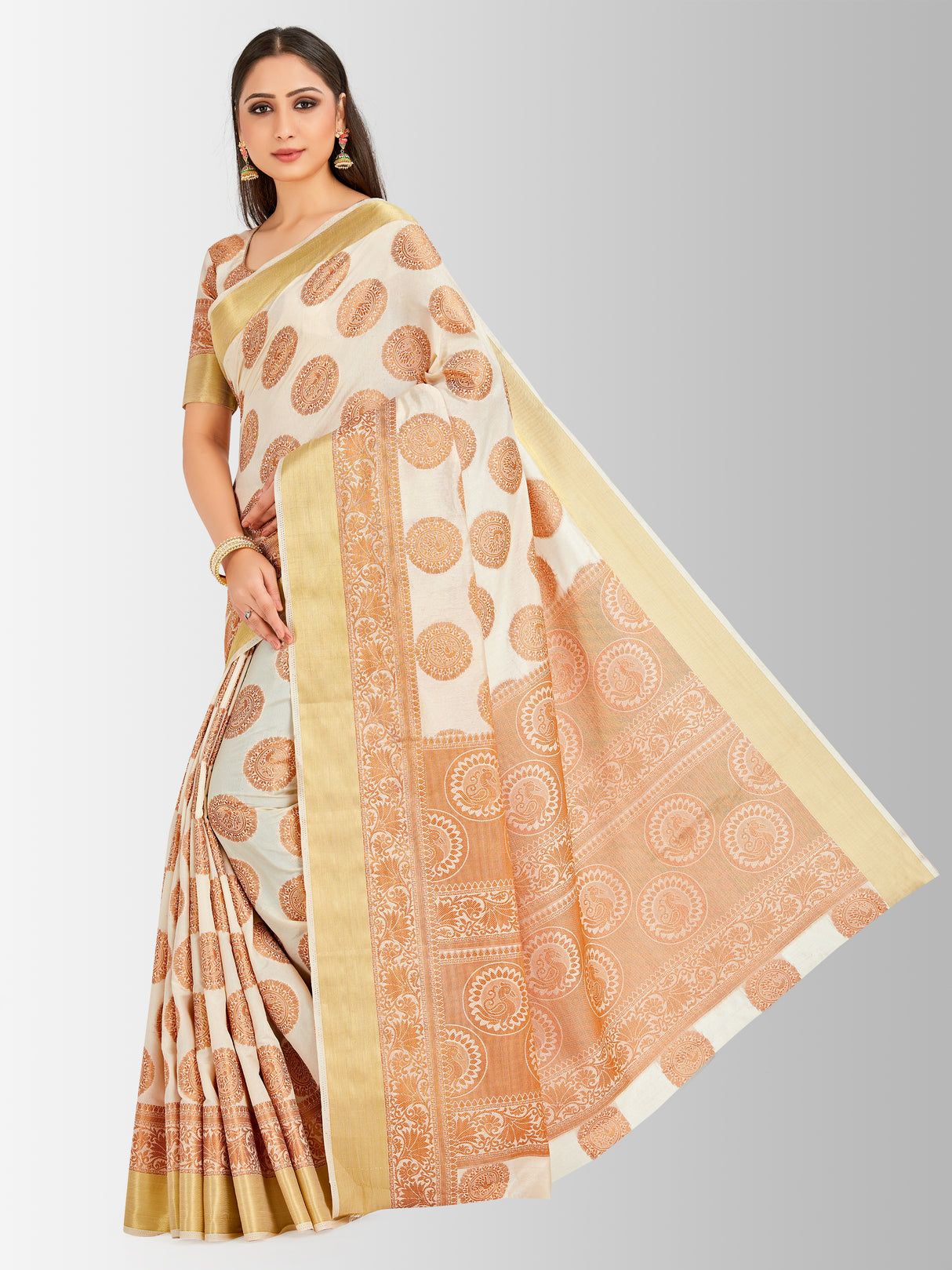Mimosa Womens Art Silk Saree Kanjivaram Halfwhite Color