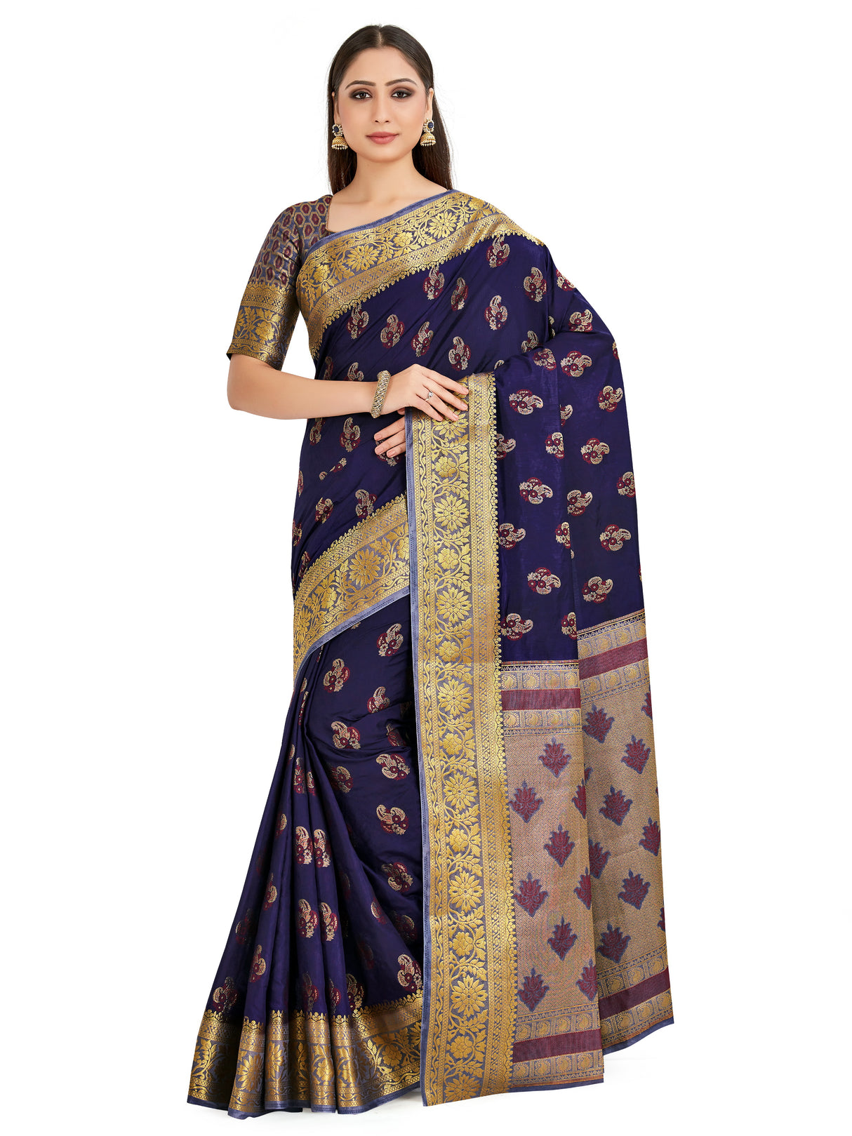 Mimosa Womens Art Silk Saree Paithani Navy Blue Color