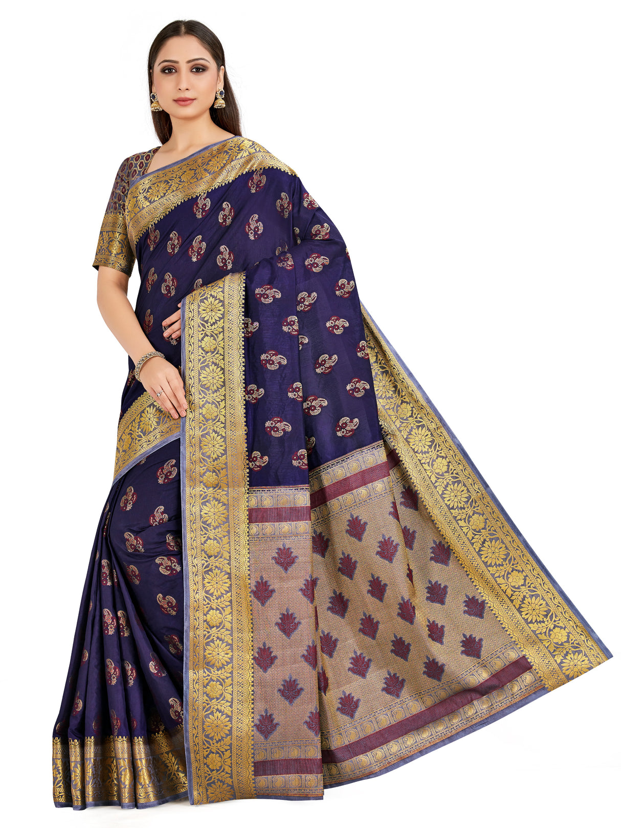 Mimosa Womens Art Silk Saree Paithani Navy Blue Color