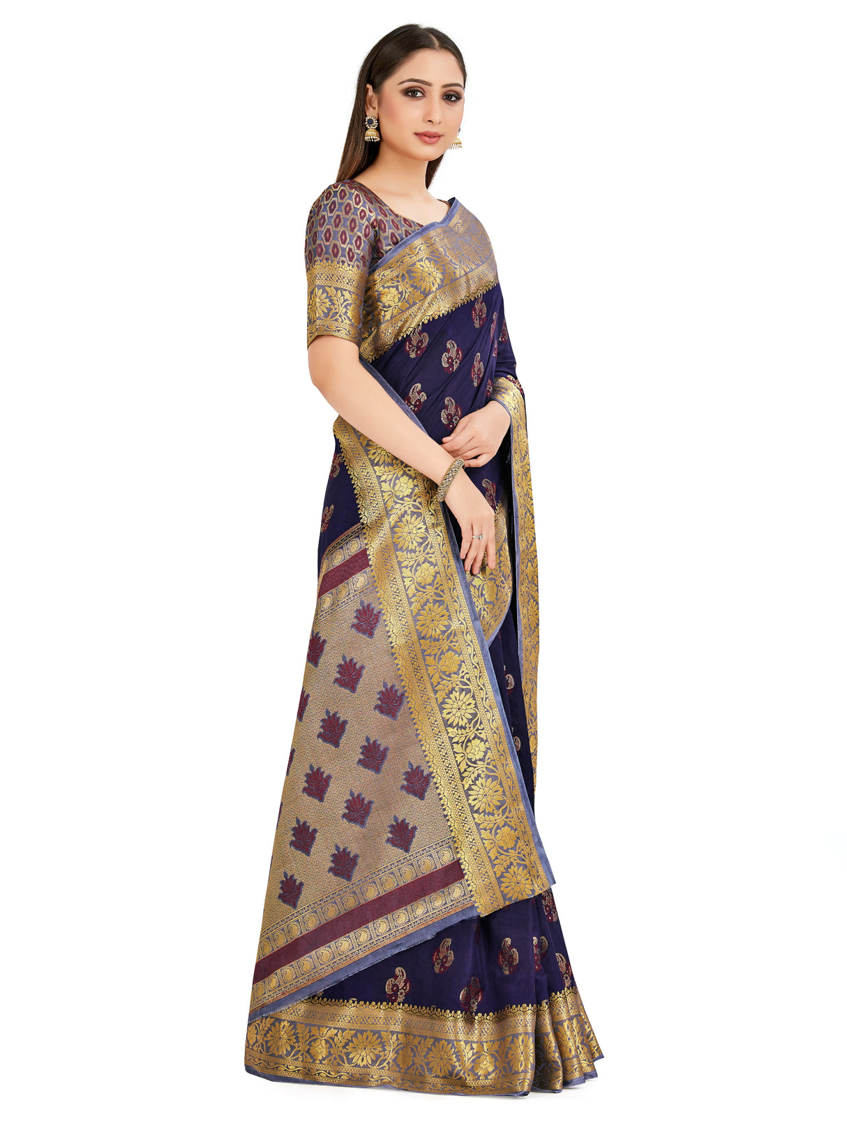 Mimosa Womens Art Silk Saree Paithani Navy Blue Color