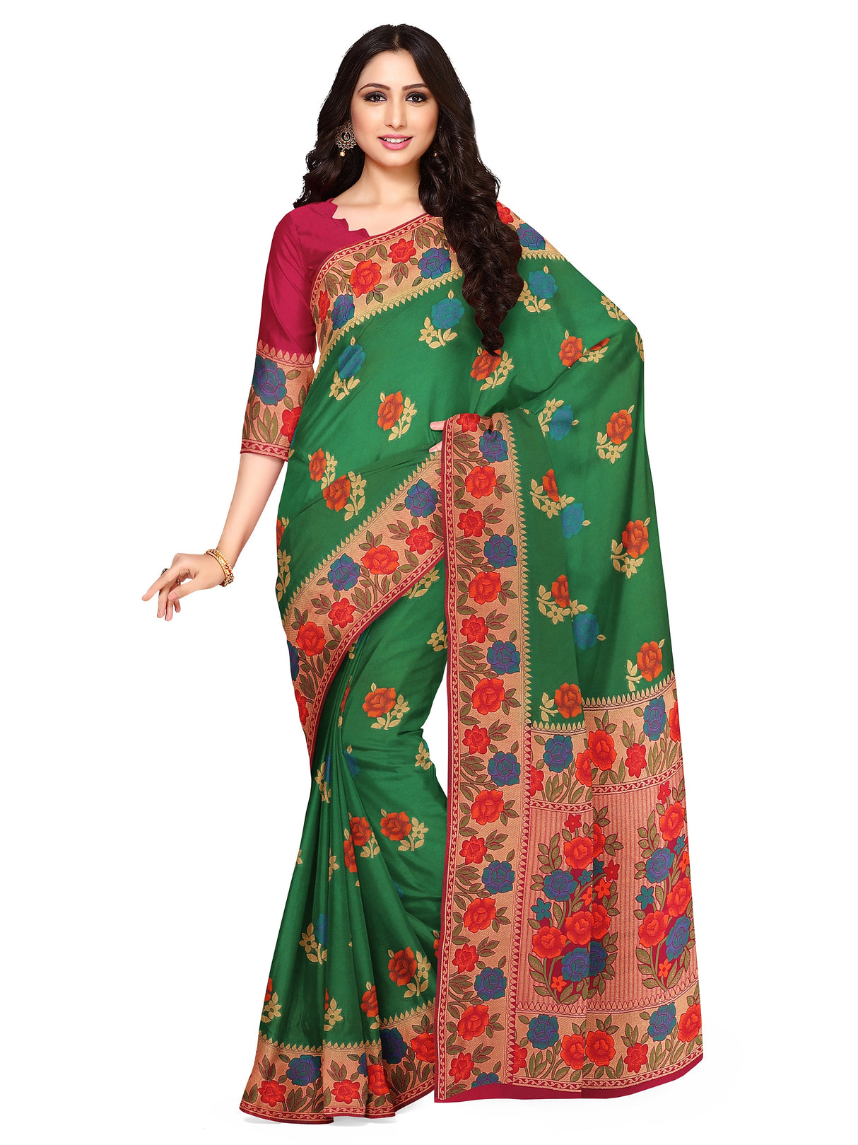 Mimosa Womens Art Silk Saree Patola Green Color