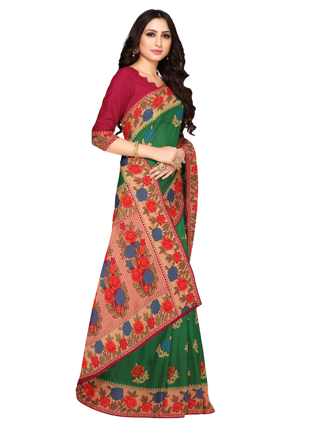 Mimosa Womens Art Silk Saree Patola Green Color