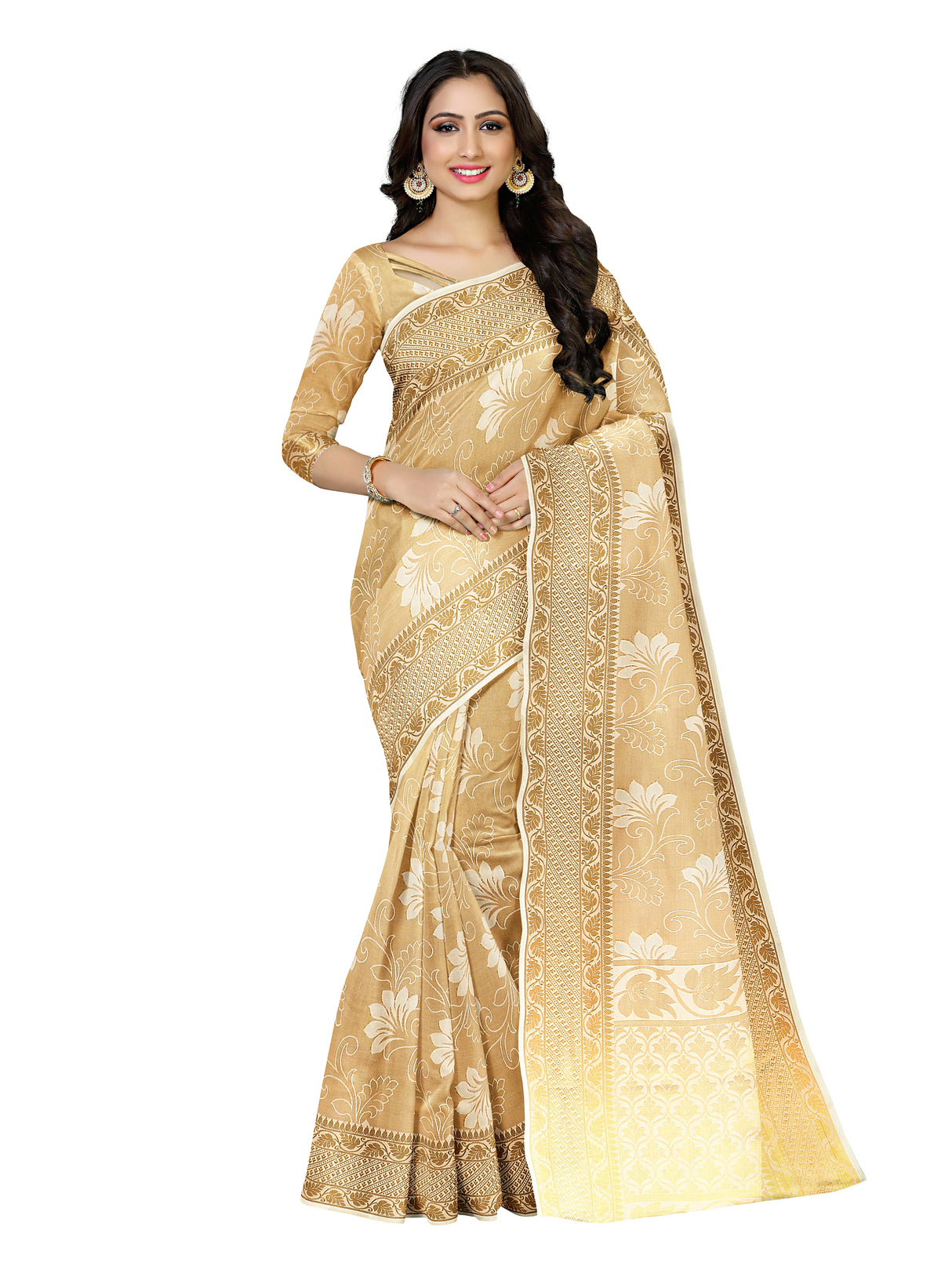 Mimosa Womens Art Silk Saree Kasavu Cream Color