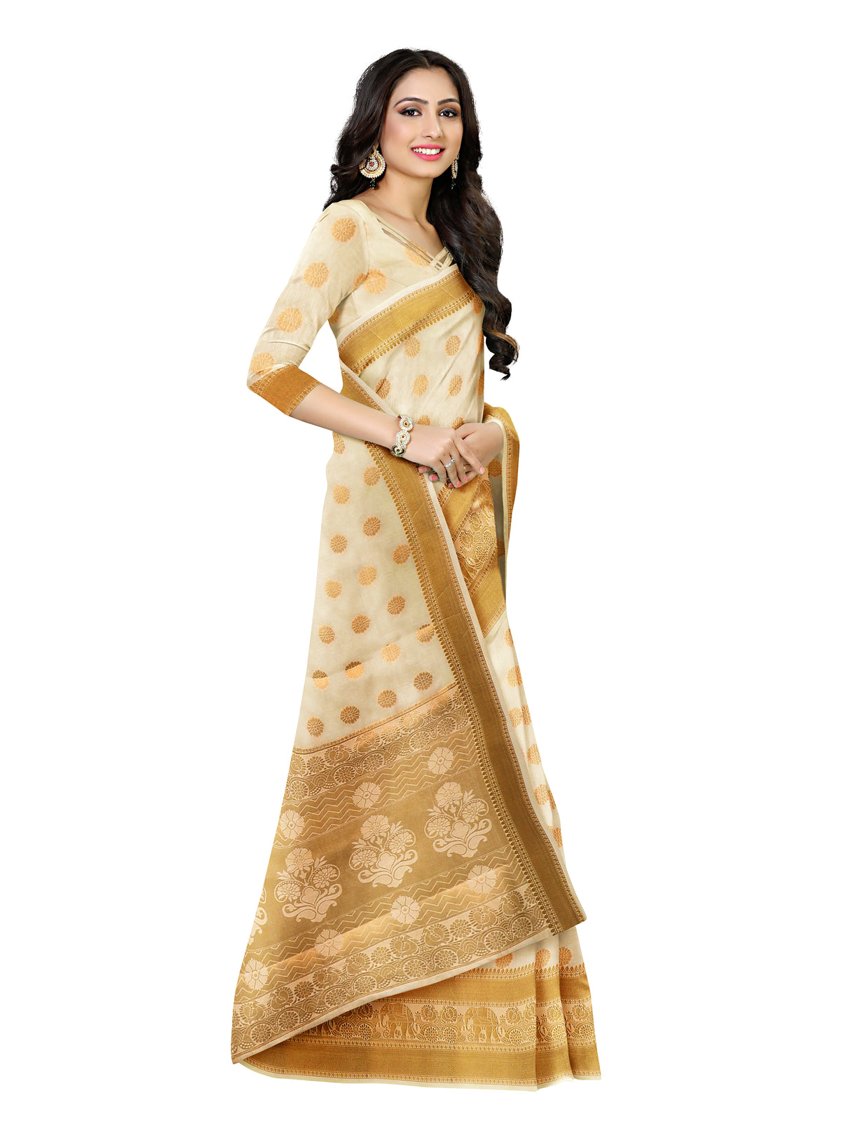 Mimosa Womens Art Silk Saree Kasavu Cream Color