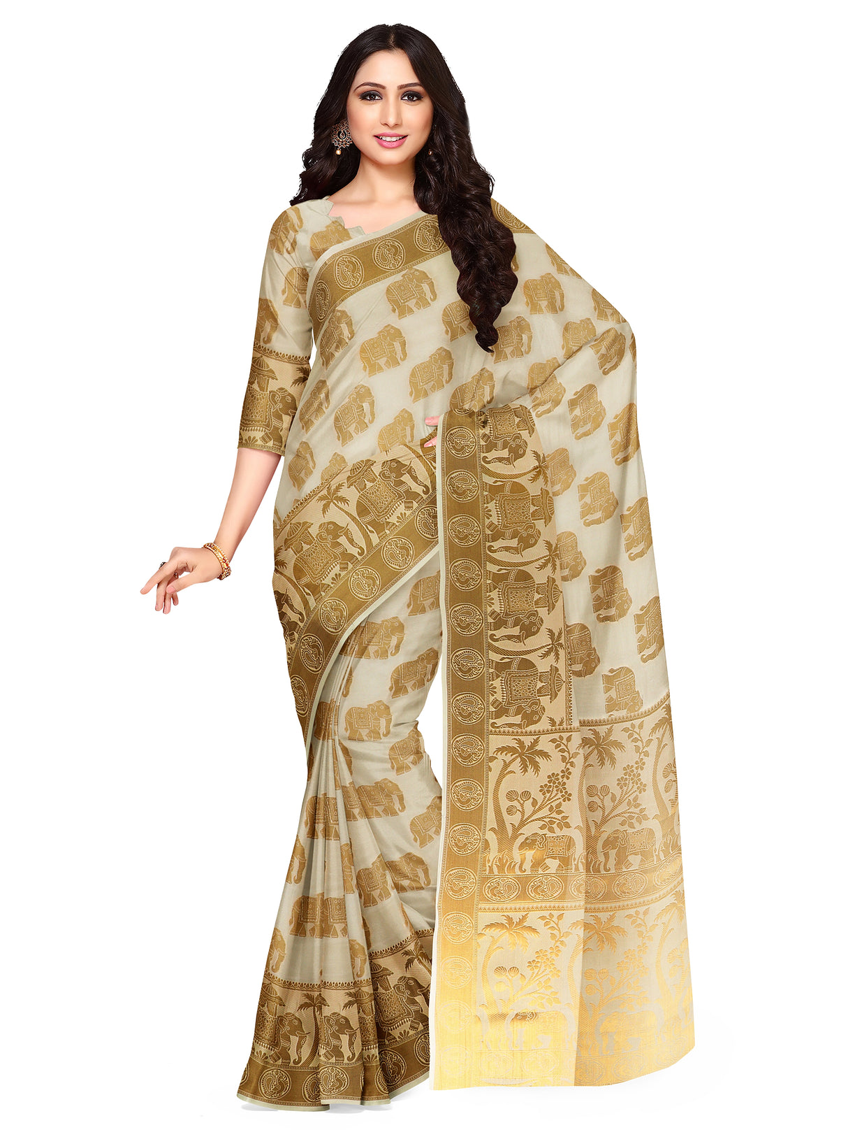 Mimosa Womens Art Silk Saree Kasavu Cream Color