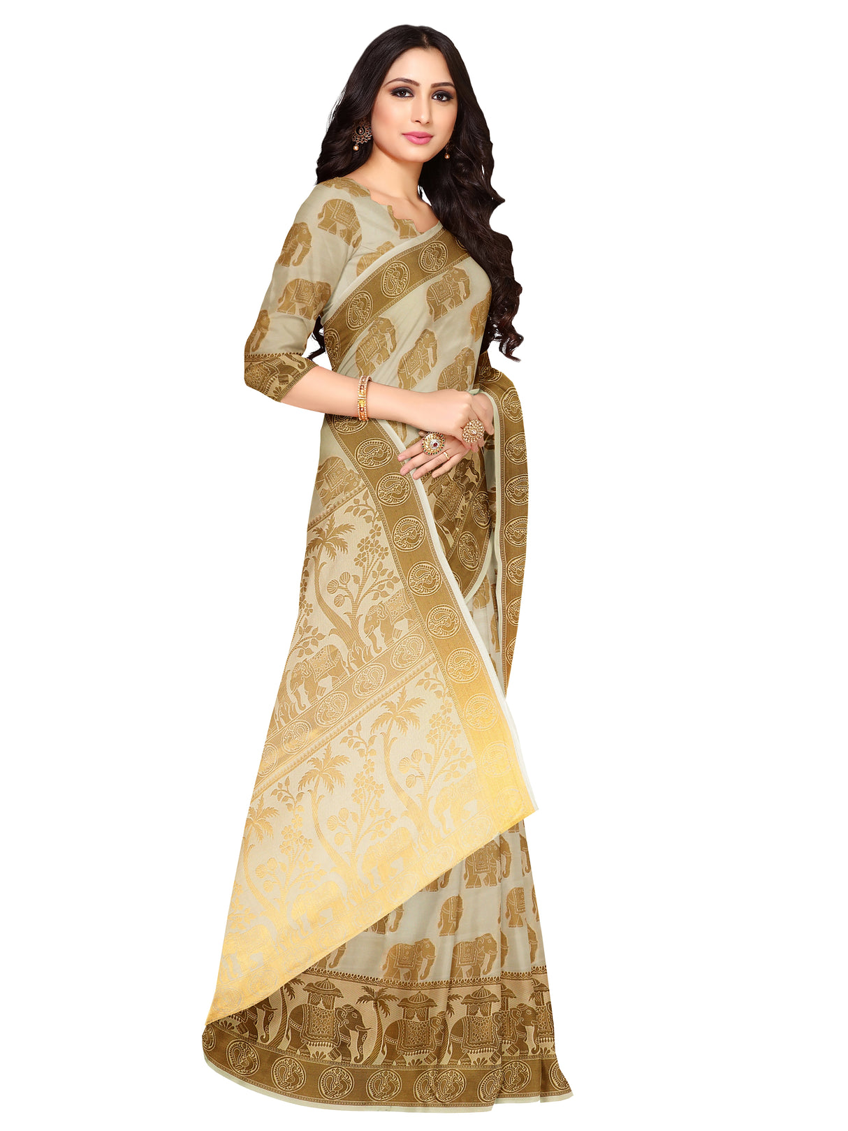 Mimosa Womens Art Silk Saree Kasavu Cream Color