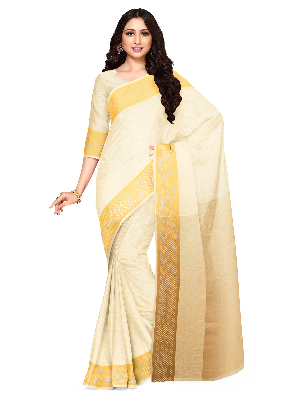 Mimosa Womens Art Silk Saree Kasavu Cream Color