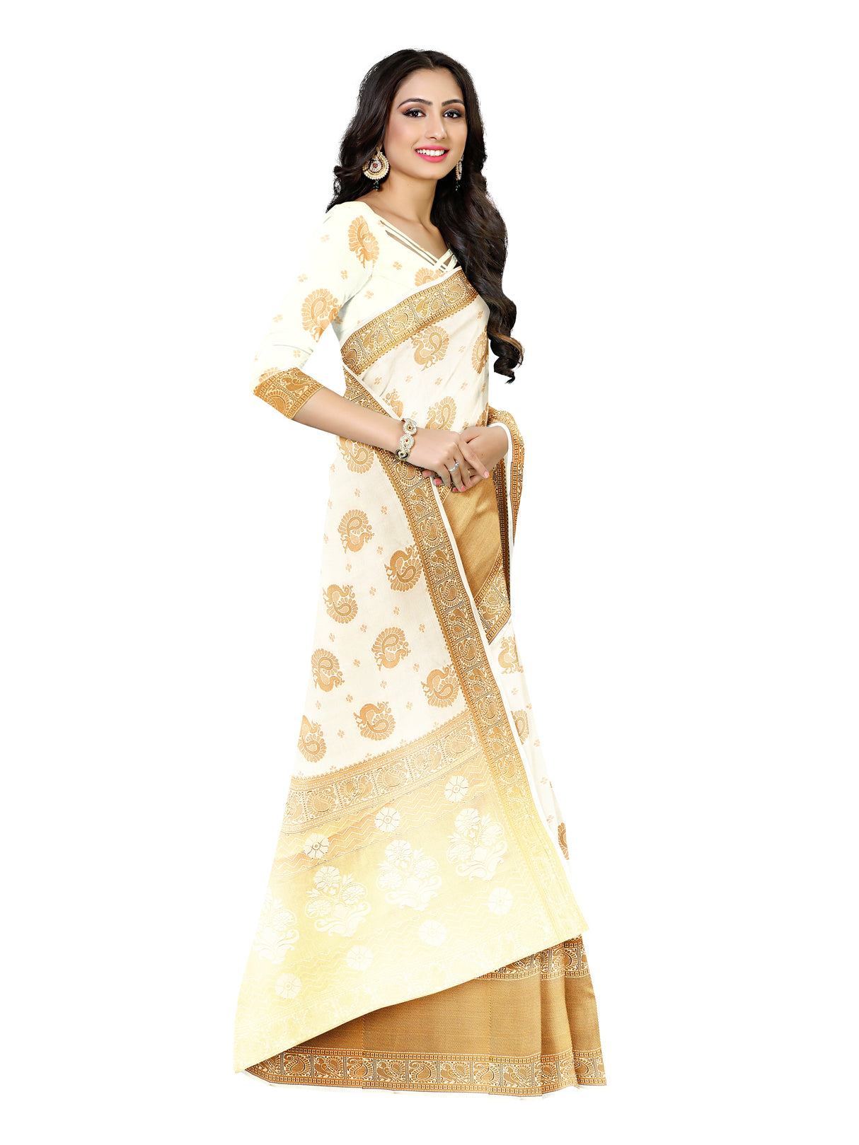 Mimosa Womens Art Silk Saree Kasavu Cream Color