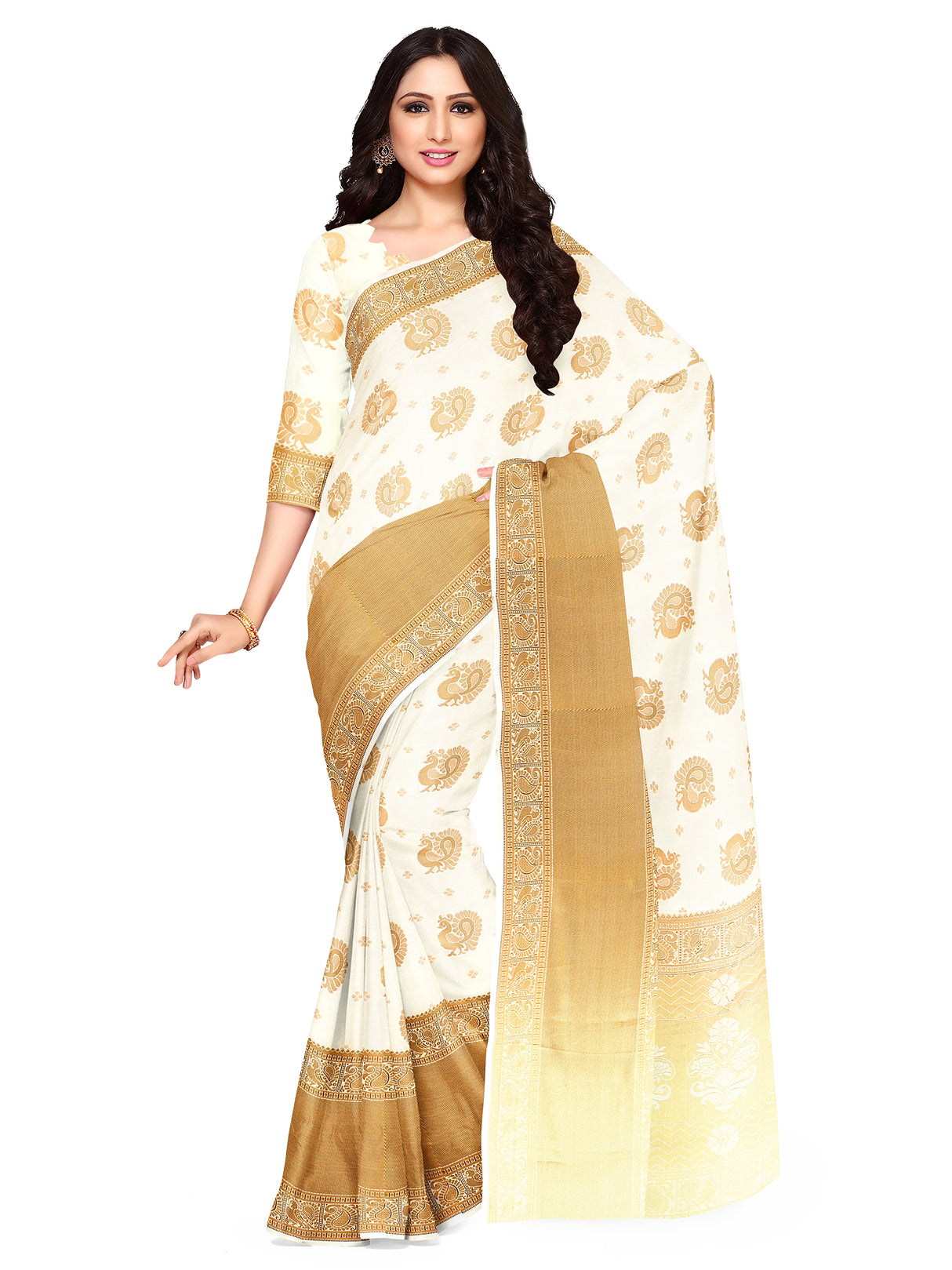 Mimosa Womens Art Silk Saree Kasavu Cream Color