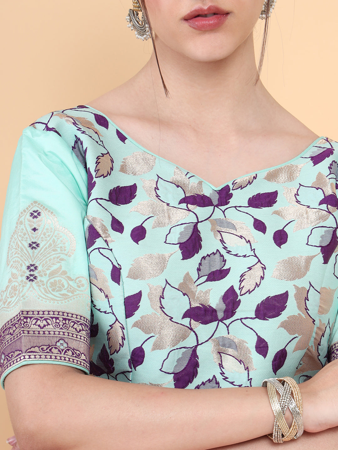 Mimosa Turquoise Blue Woven Design Readymade Blouse