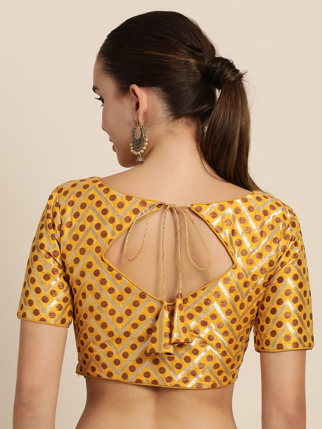 Mimosa Women Mustard Yellow & Golden Woven Design Readymade Saree Blouse