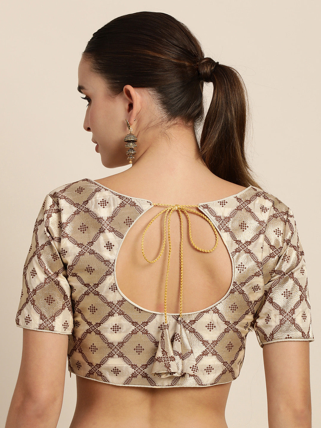 Mimosa Women Beige & Brown Woven Design Readymade Saree Blouse