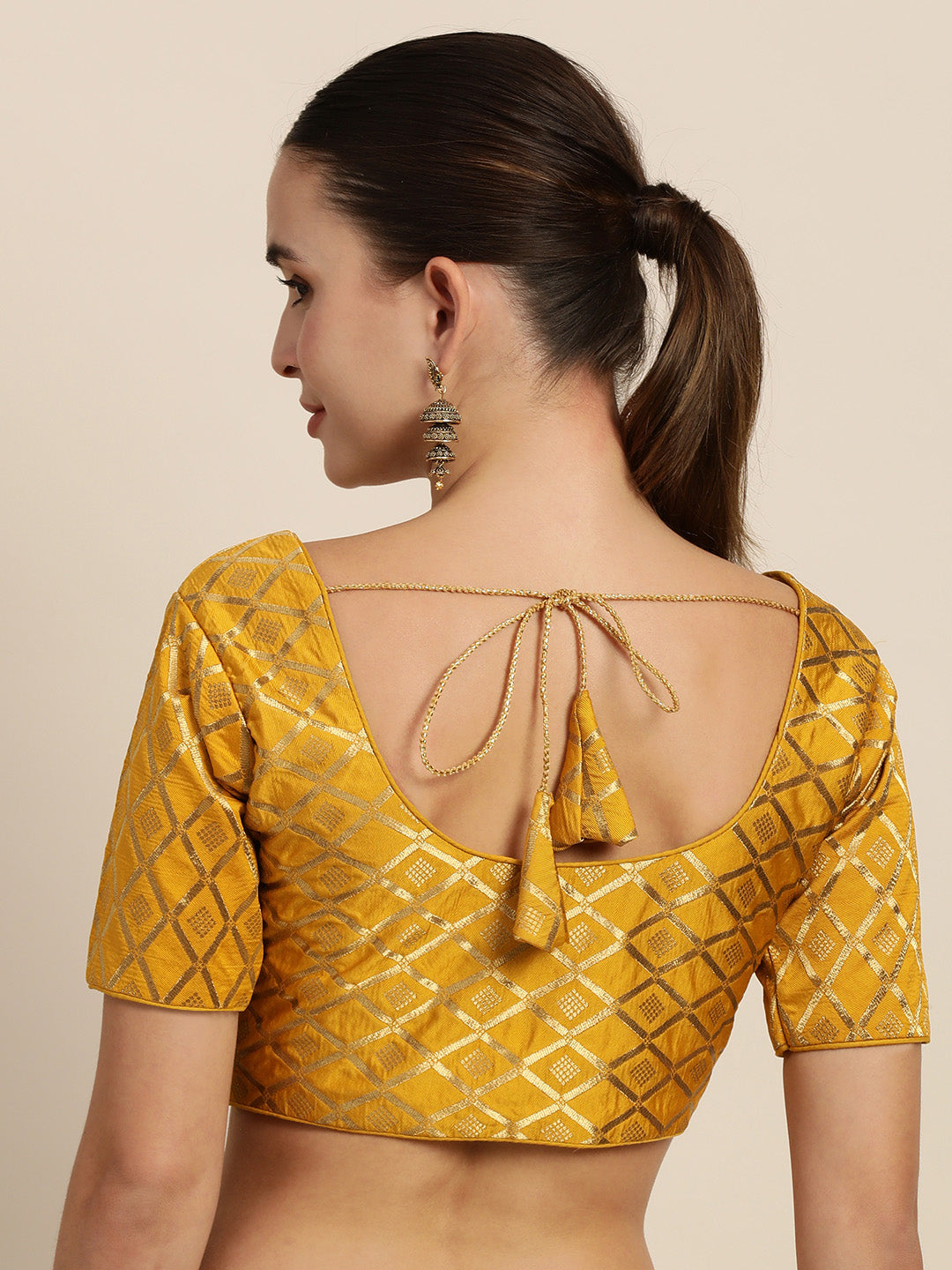 Mimosa Women Mustard Yellow & Golden Woven Design Readymade Saree Blouse