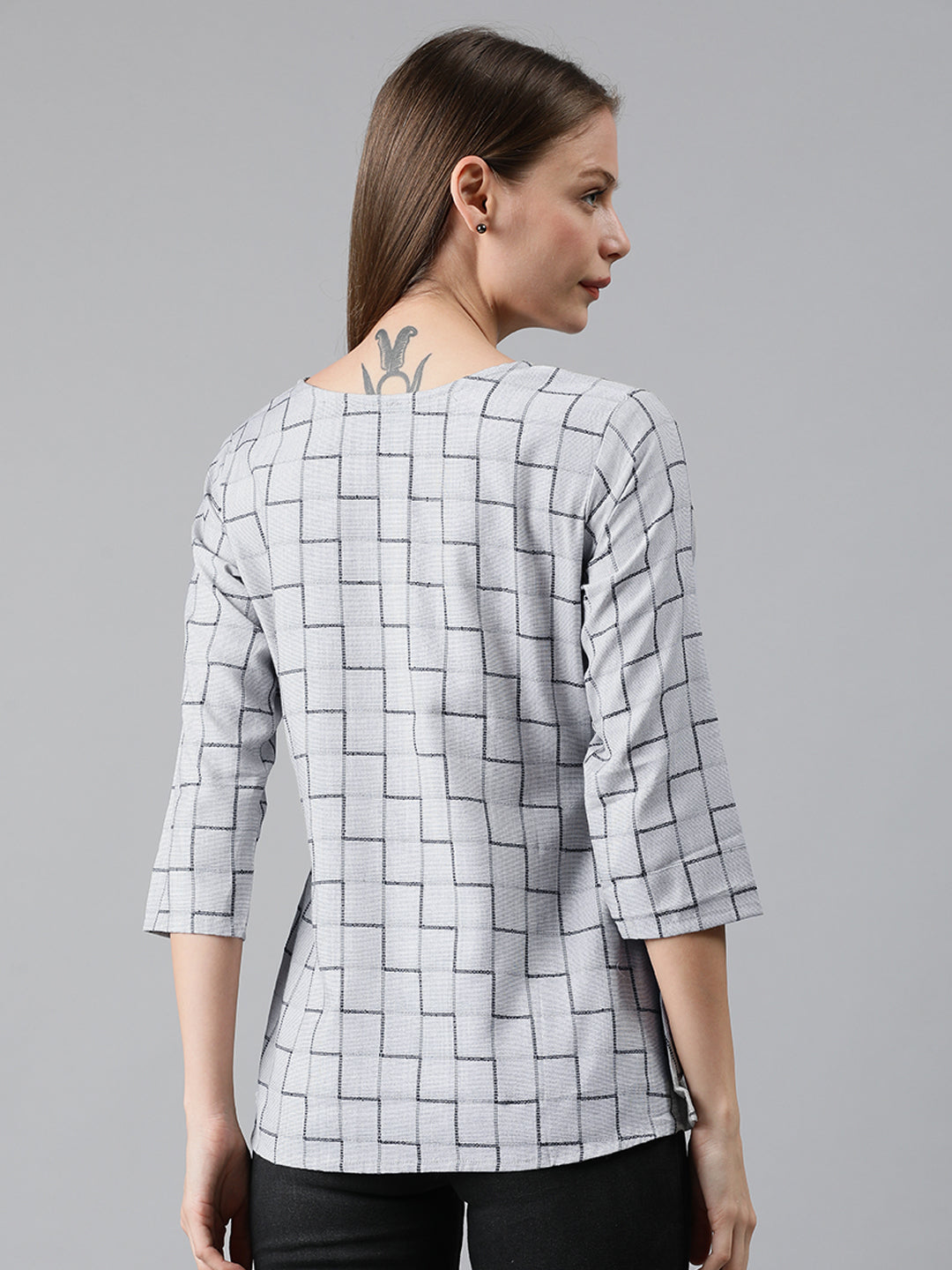 Mimosa Women Grey Checked Regular Top with Tie-Ups