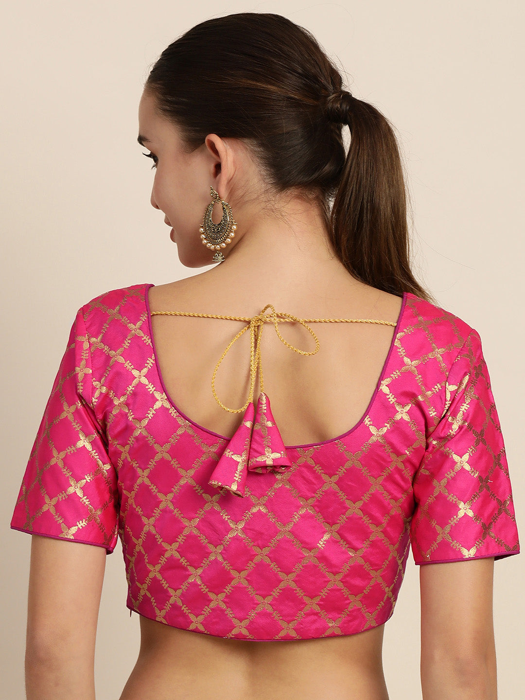 Mimosa Women Magenta & Golden Woven Design Readymade Saree Blouse