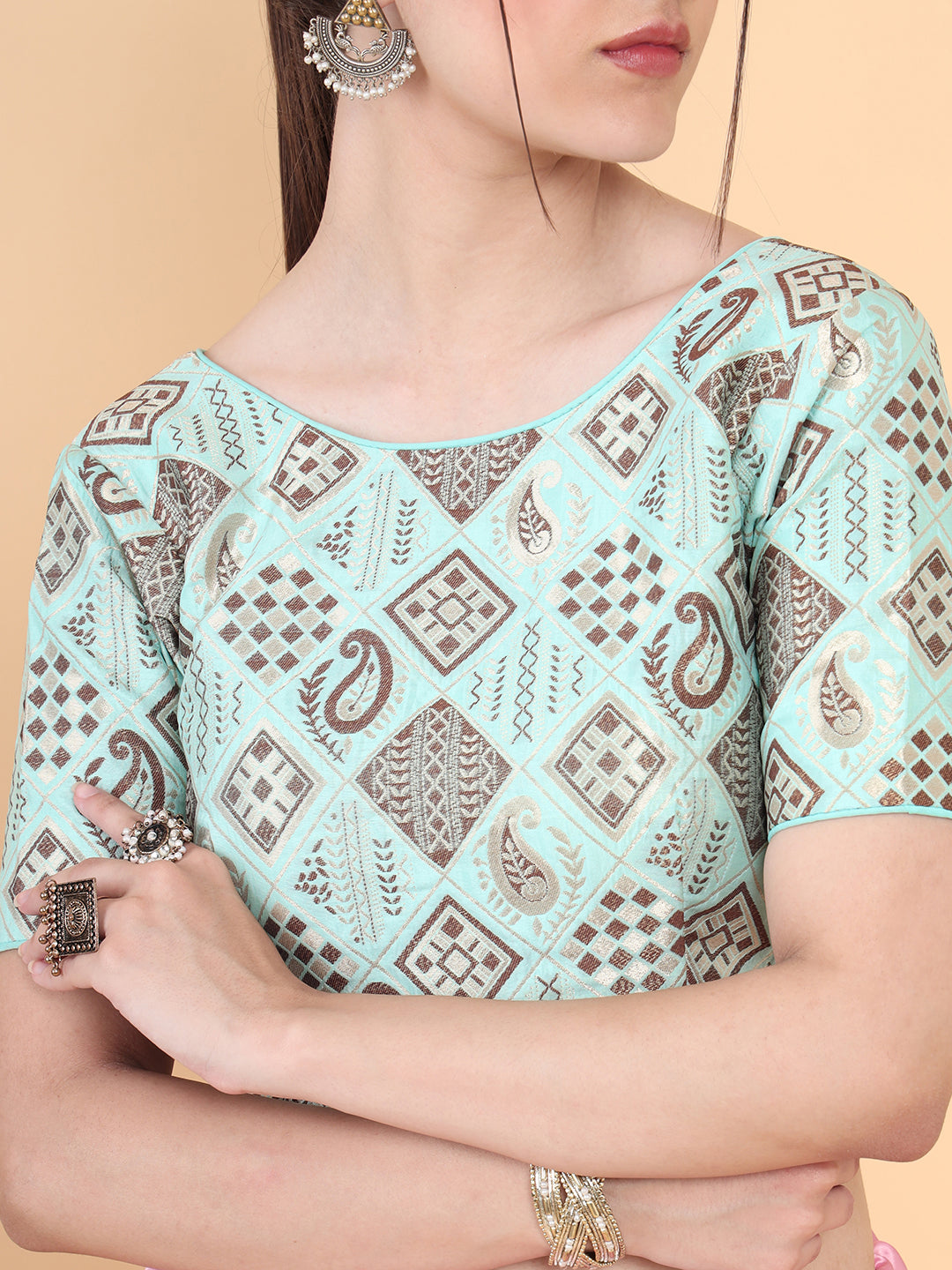 Mimosa Turquoise Blue Woven Design Readymade Blouse