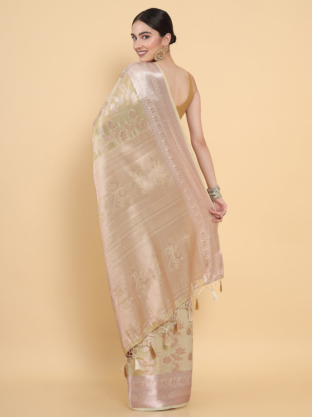 Mimosa Womens Art Silk Saree Kasavu Cream Color