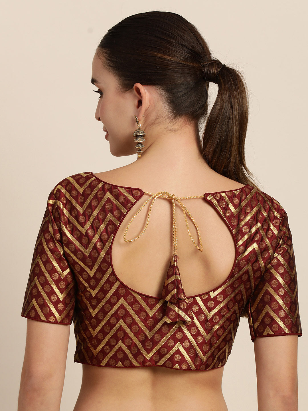 Mimosa Women Maroon & Golden Woven Design Readymade Saree Blouse