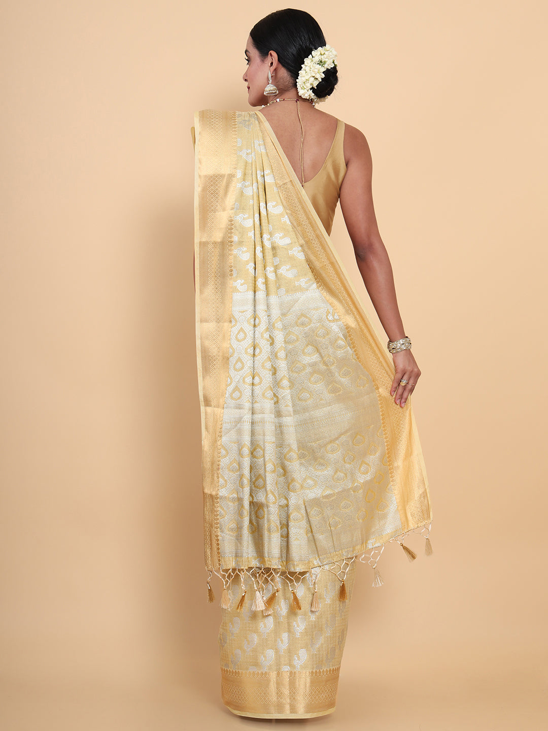 Mimosa Womens Art Silk Saree Kasavu Cream Color