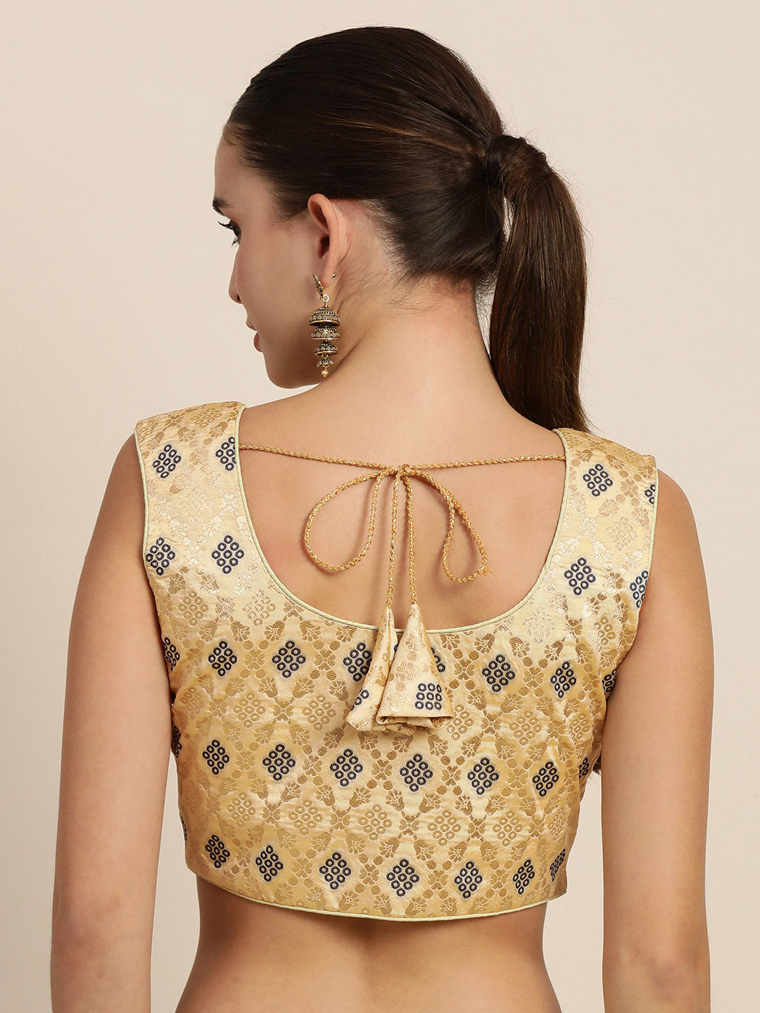 Mimosa Women Beige & Blue Woven Design Readymade Saree Blouse