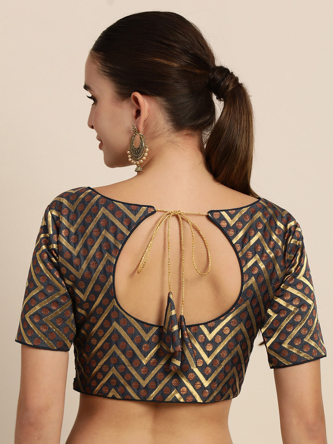 Mimosa Women Charcoal Grey & Golden Woven Design Readymade Saree Blouse