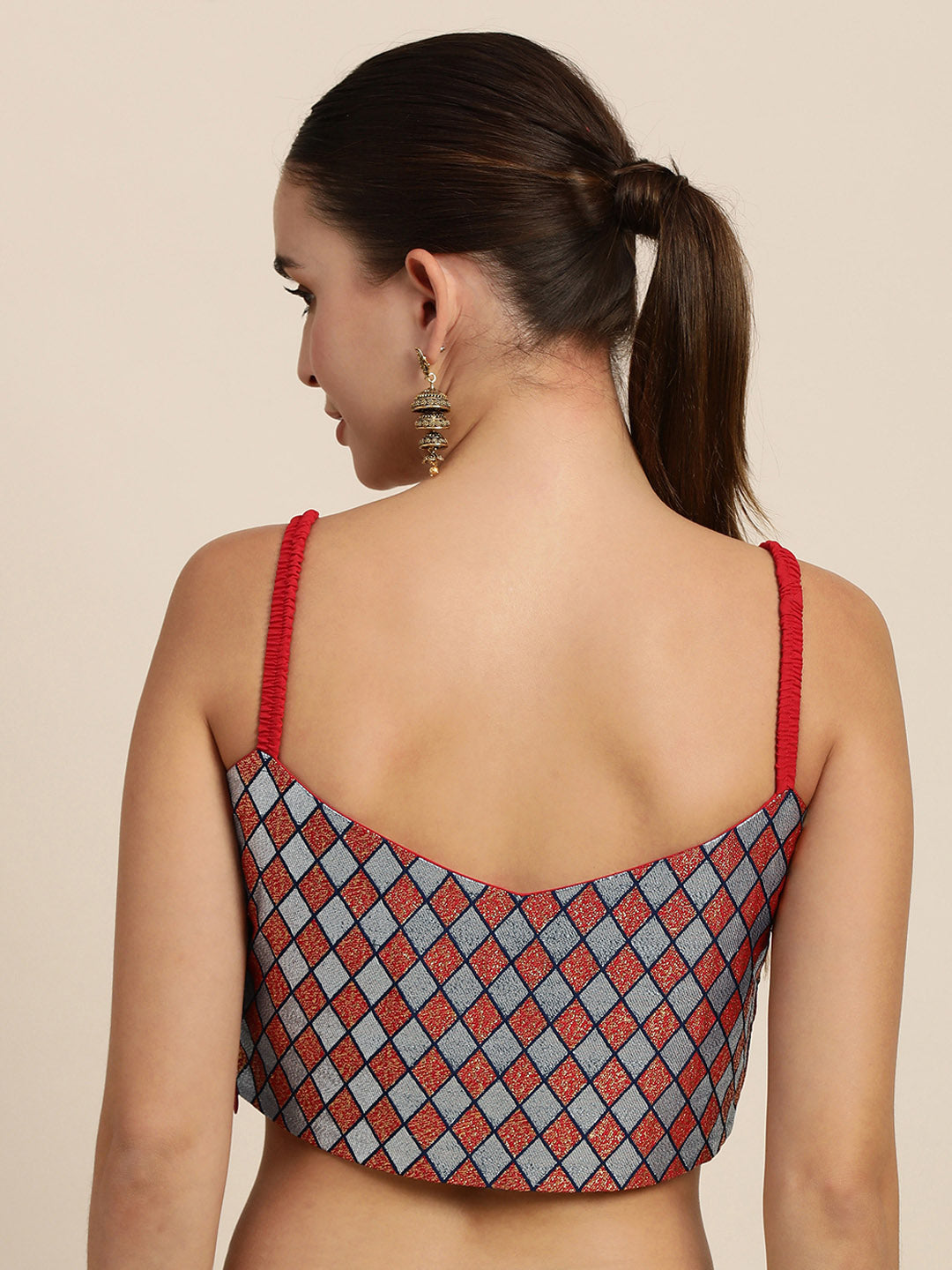 Mimosa Women Silver & Red Woven Design Readymade Saree Blouse