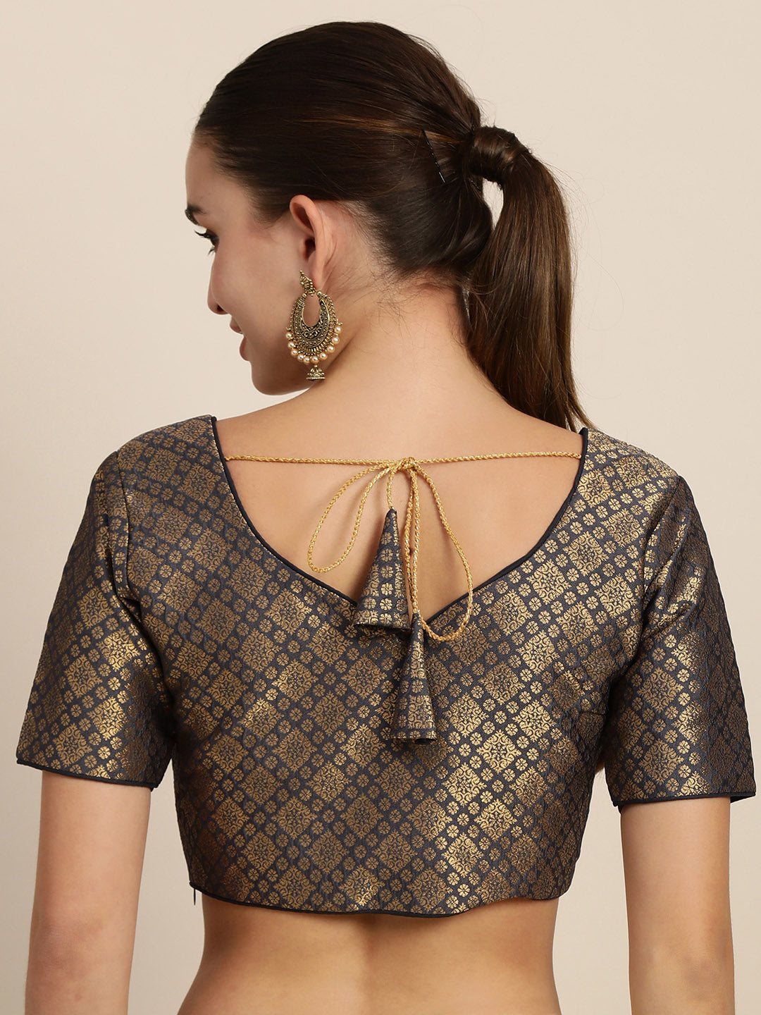 Mimosa Women Grey & Golden Woven Design Readymade Saree Blouse