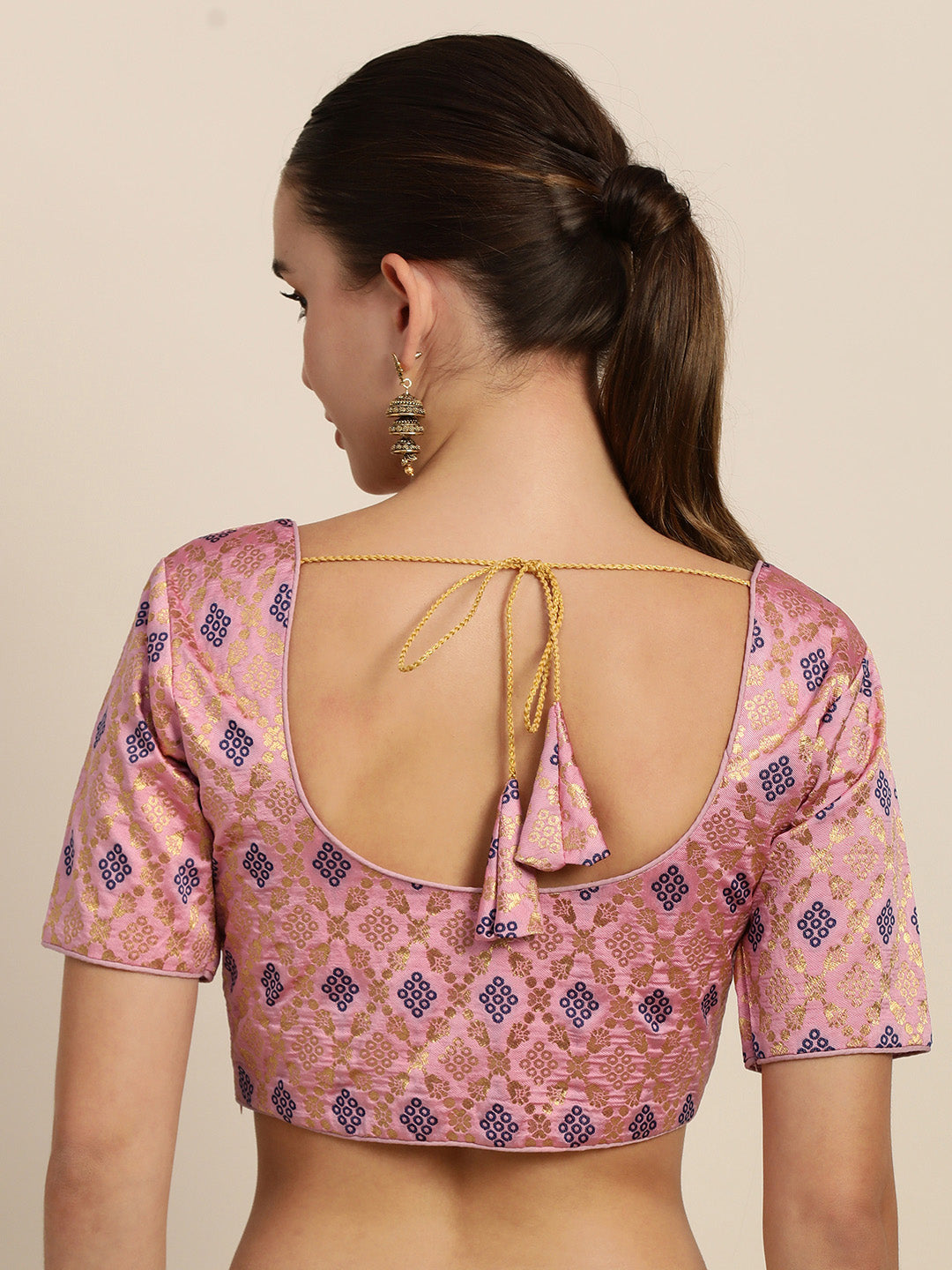 Mimosa Women Pink & Blue Woven Design Readymade Saree Blouse